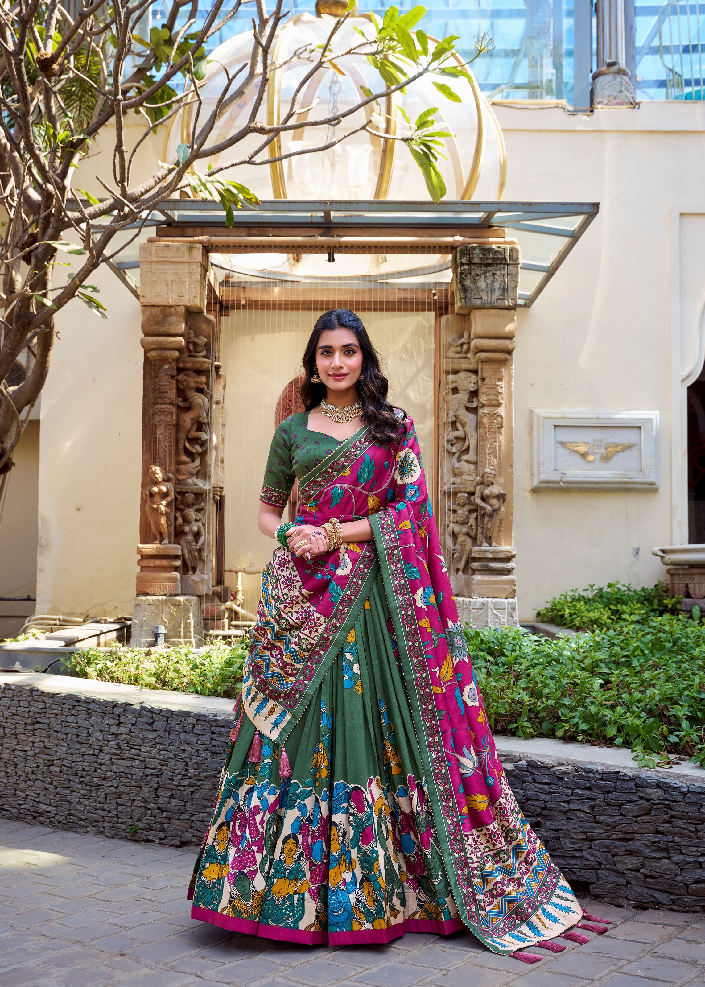 Mehendi Elegance Tussar Silk Lehenga with Kalamkari Magic & Gota Patti Glam