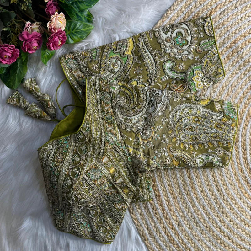 Mehendi Green Designer Partywear Crepe Blouse with Heavy Position Embroidery & Sequins Work