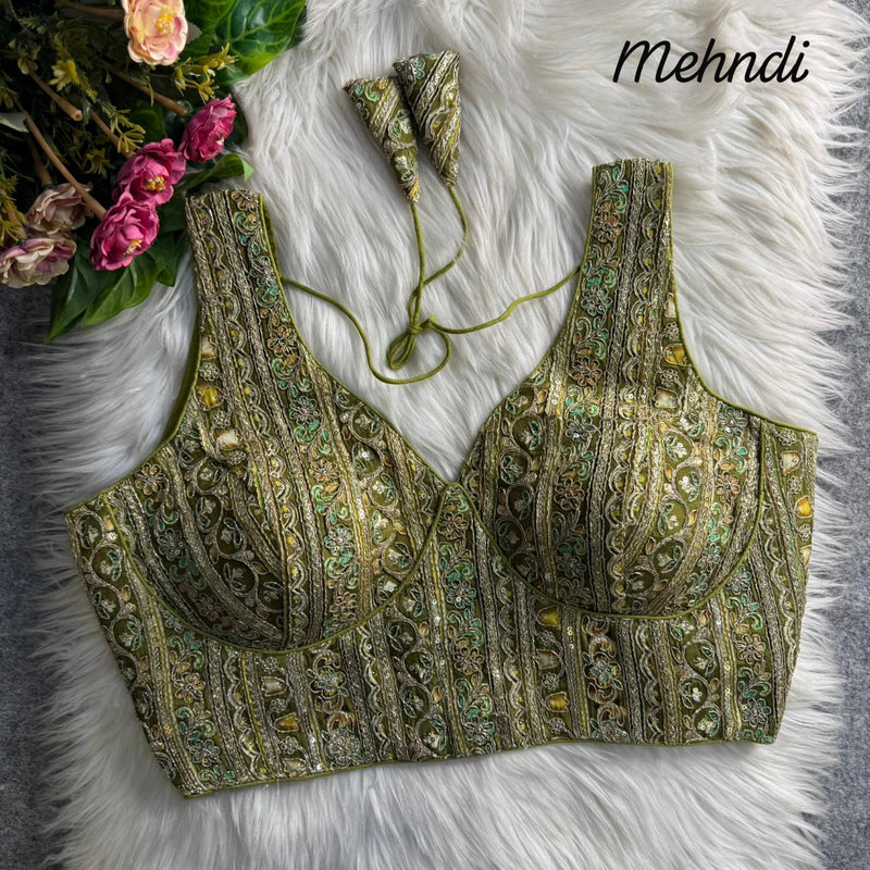 Mehendi Green Royal Couture Heavy Neck Position Work Blouse Pure Crepe Embroidered & Sequined Partywear