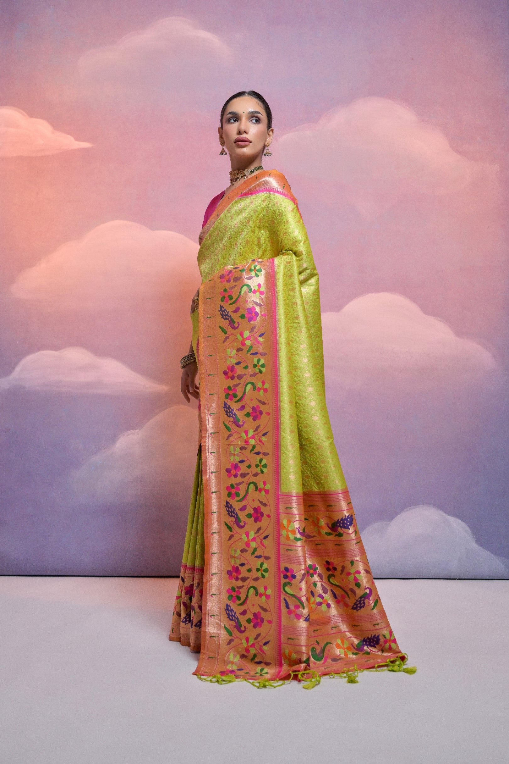 Mehendi Paithani Silk Saree with Meenakari Border and Zari Weaves