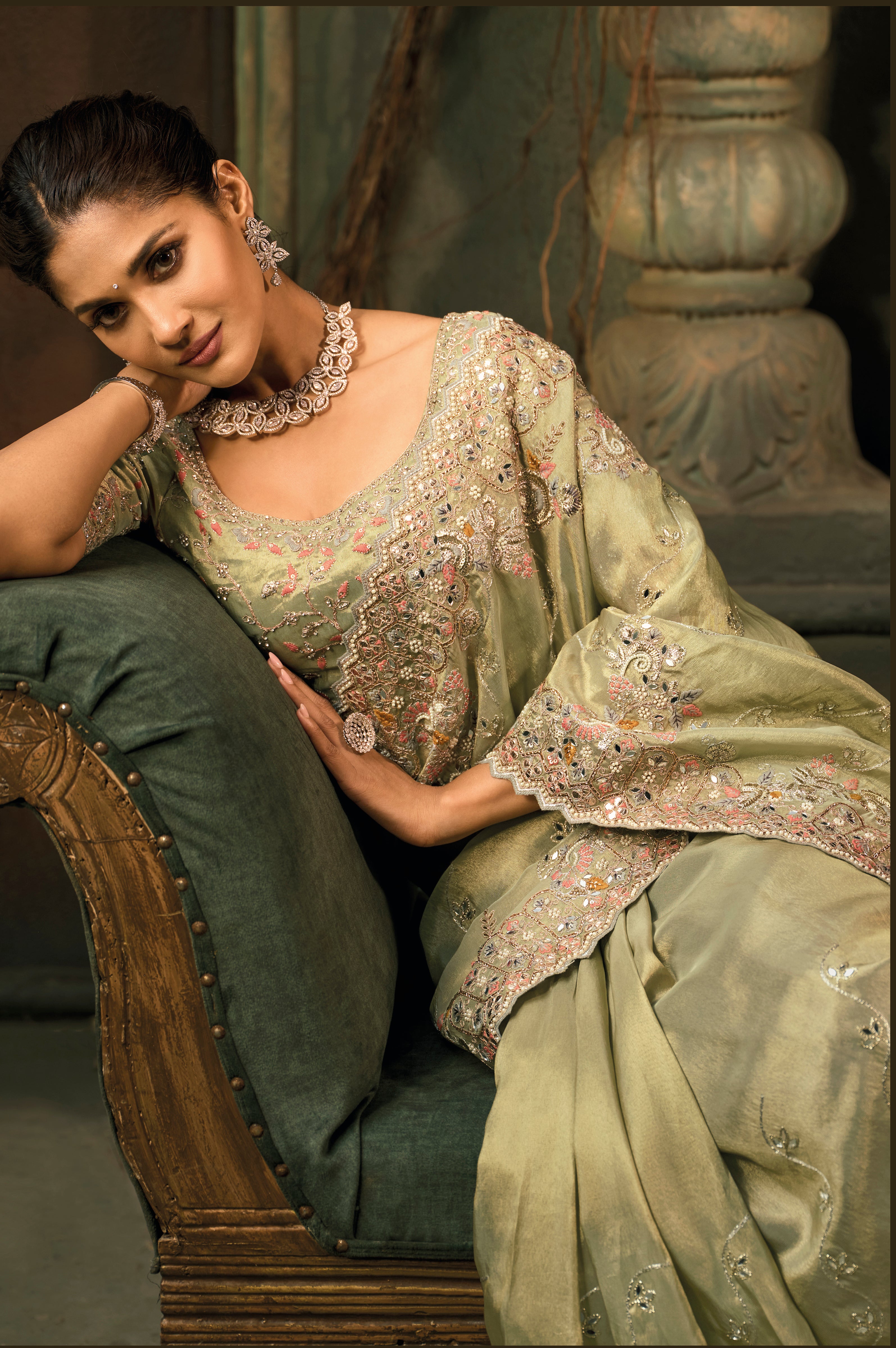 Mehendi Saree With Cut-Dana, Moti With Mirror Heavy Work
