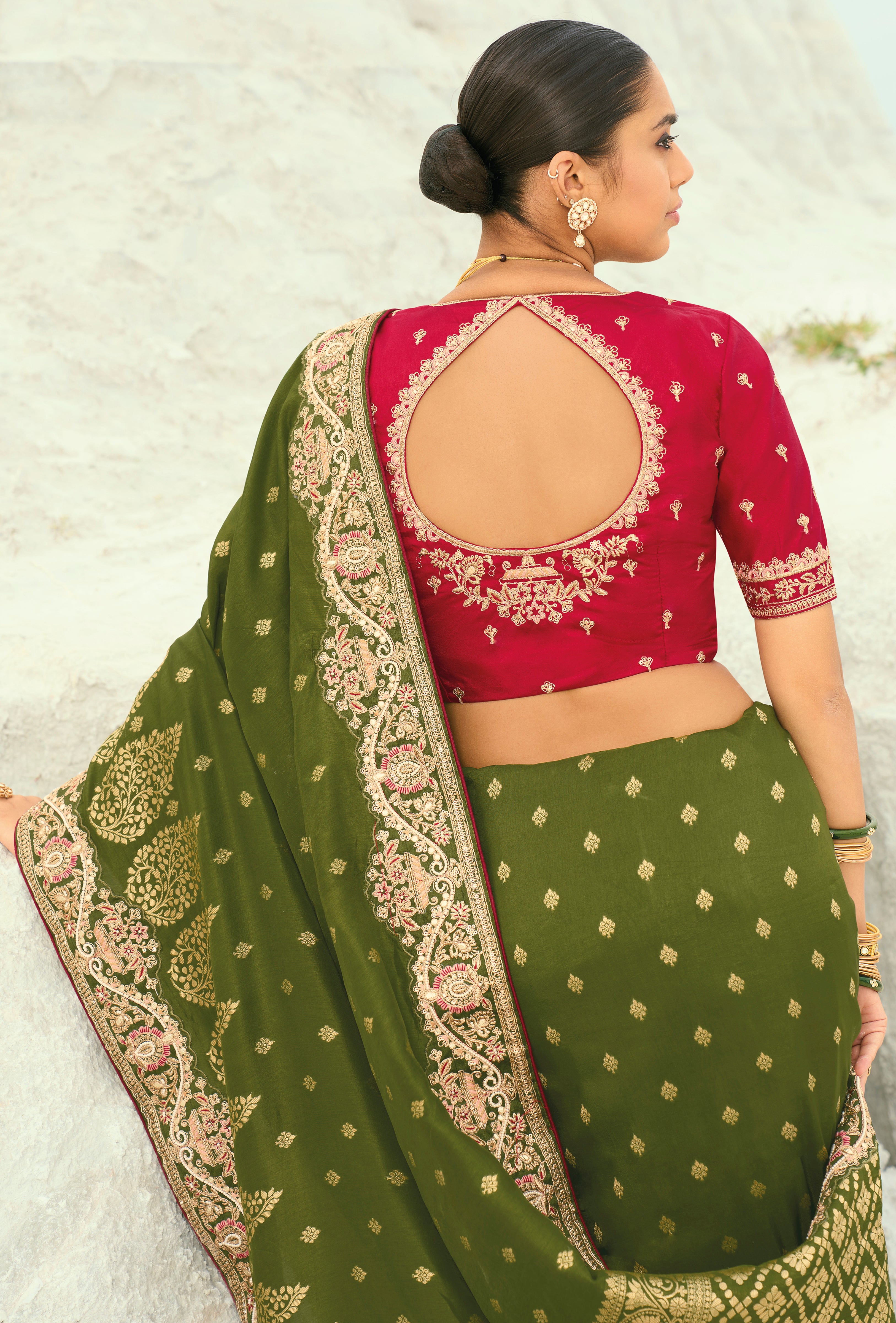Mehendi Saree With Jari, Thread, Moti With Cut-Dana Heavy Work