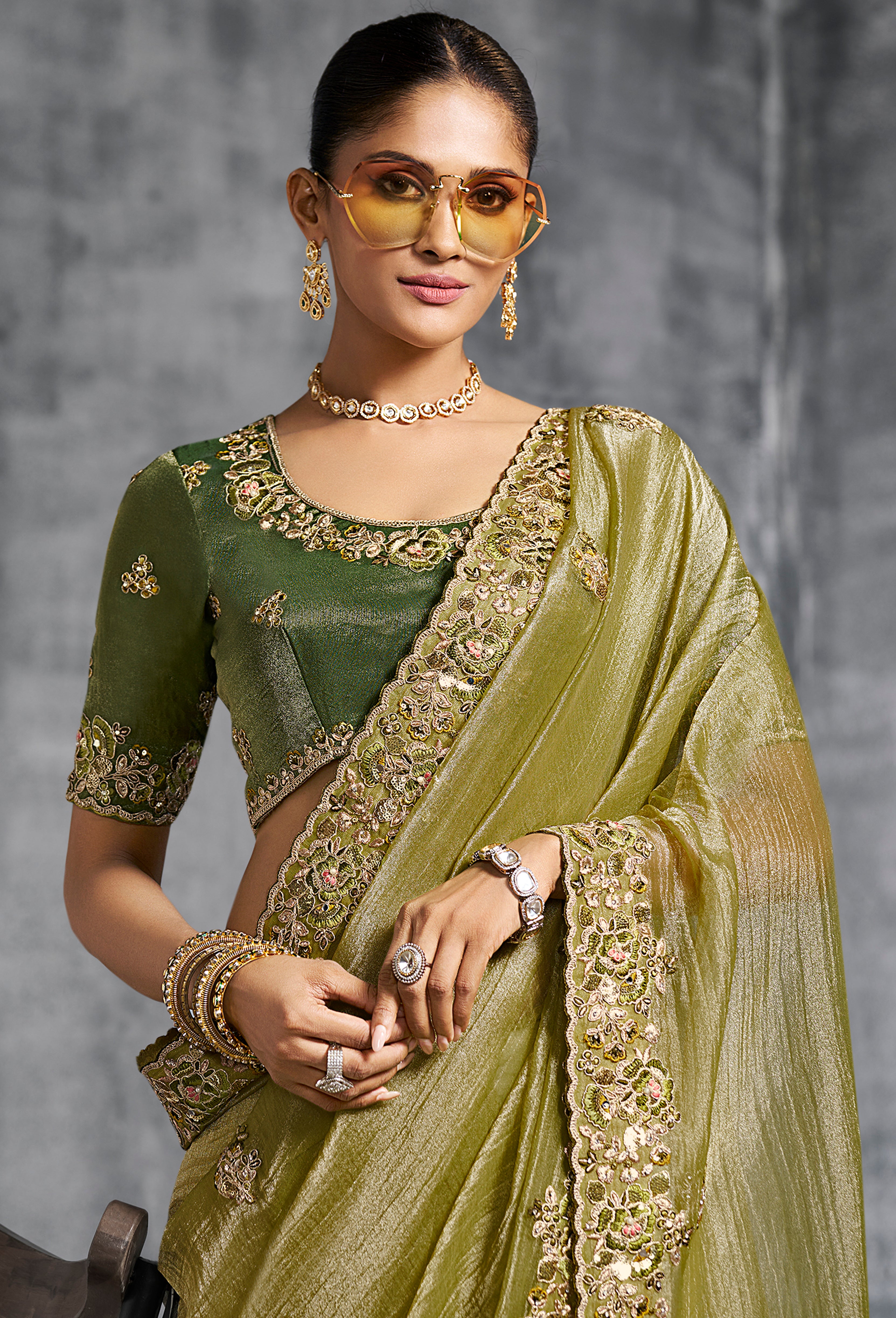 Mehendi Saree With Thread Embroidery Work ,Hand-Finished Stone & Mirror work With Embroidery Blouse