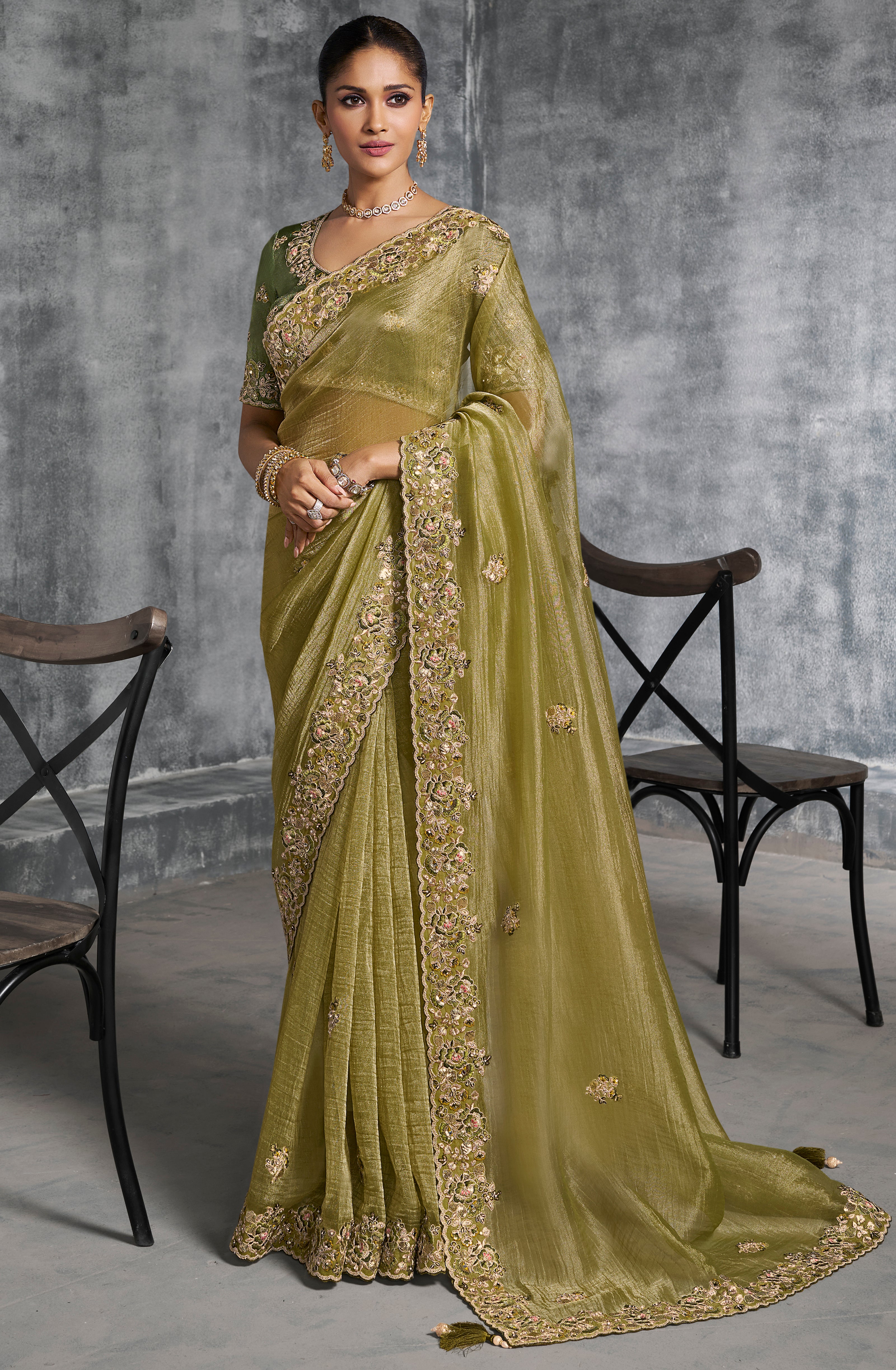 Mehendi Saree With Thread Embroidery Work ,Hand-Finished Stone & Mirror work With Embroidery Blouse