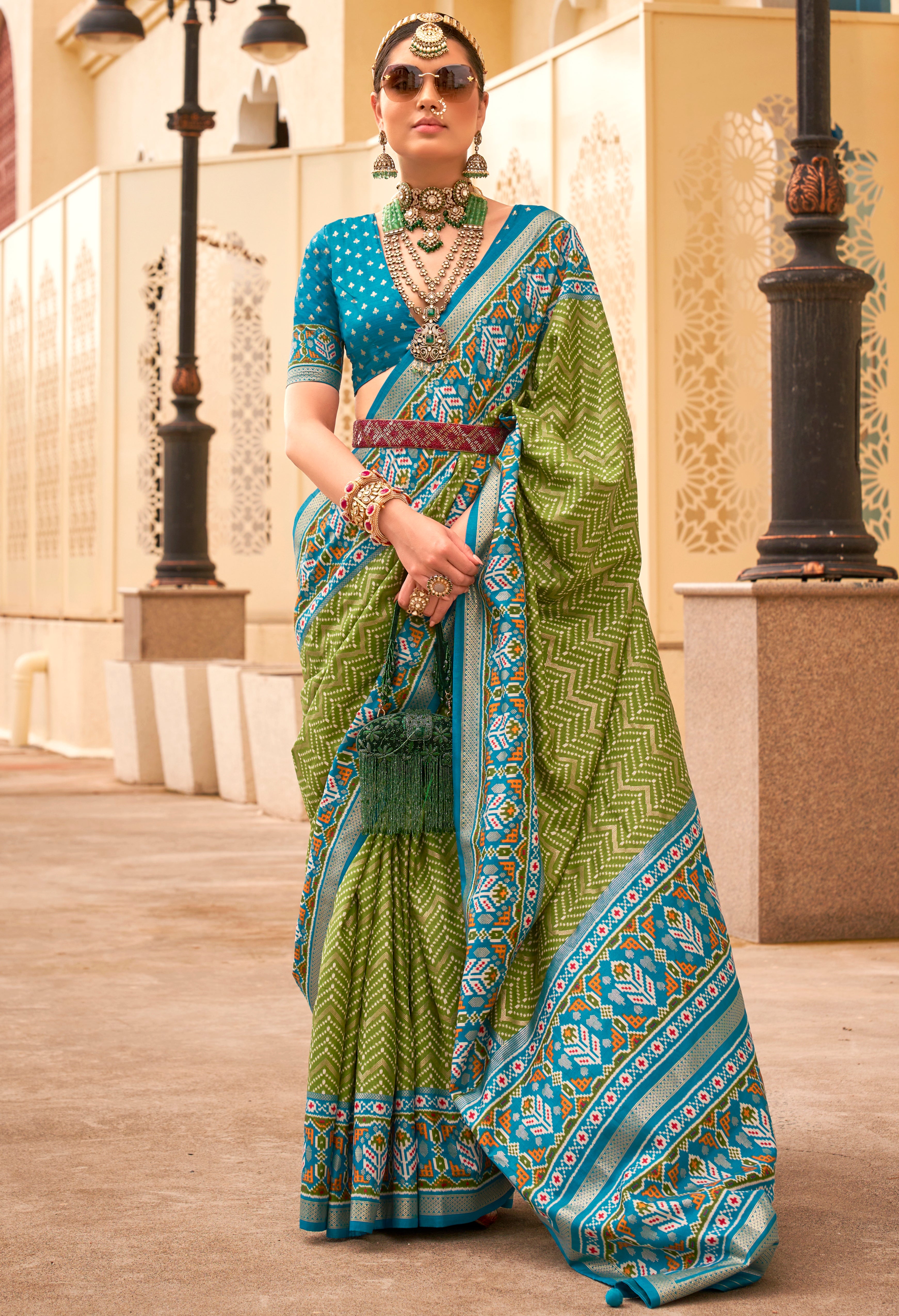 Mehendi Silk Saree With Digital Patola Print