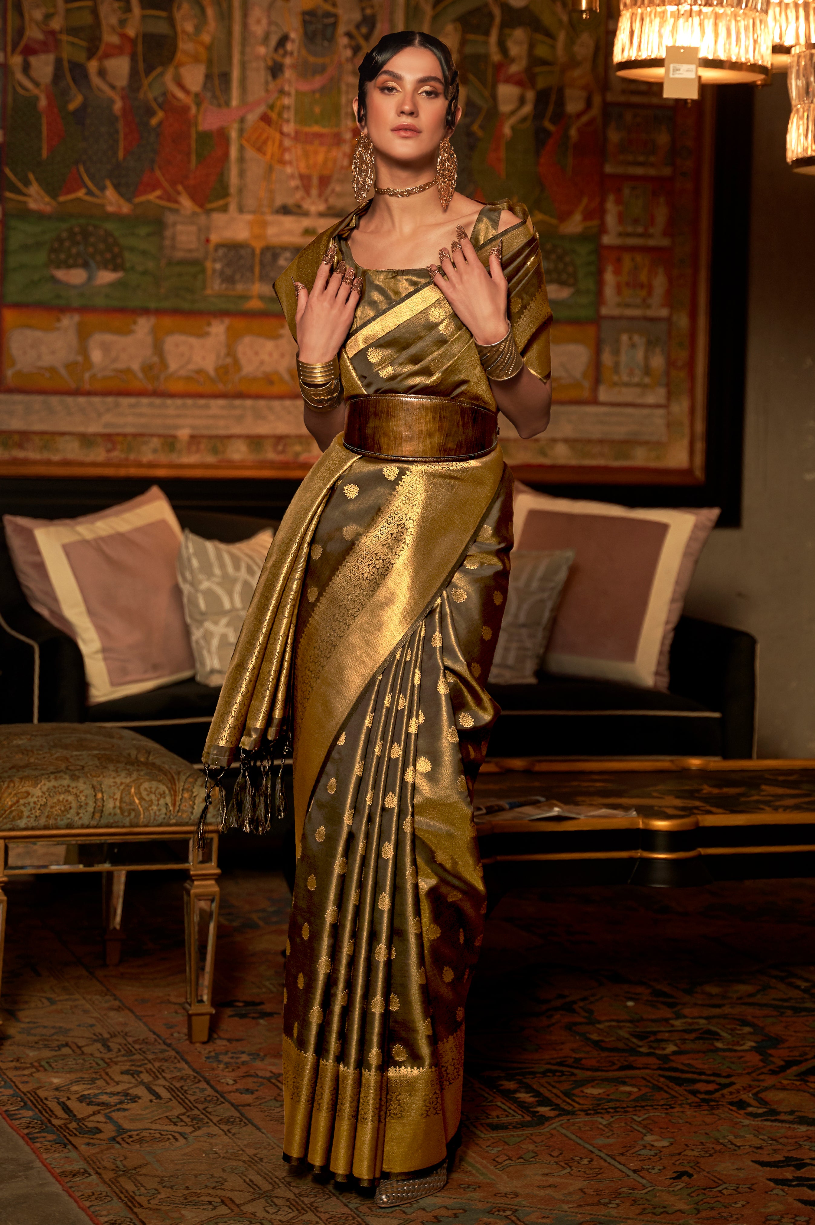 Mehendi Silk Saree with Jacquard Woven Work