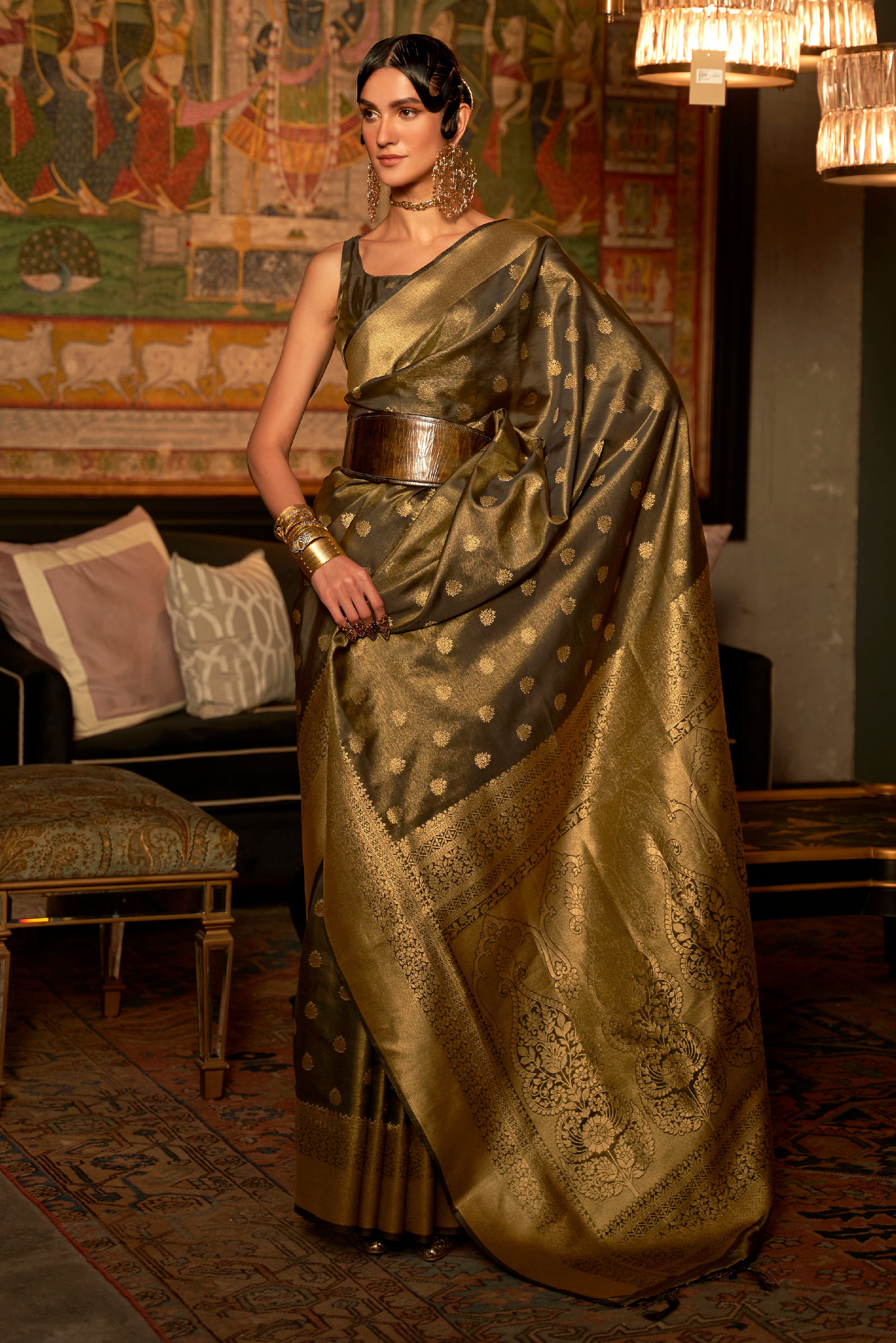 Mehendi Silk Saree with Jacquard Woven Work