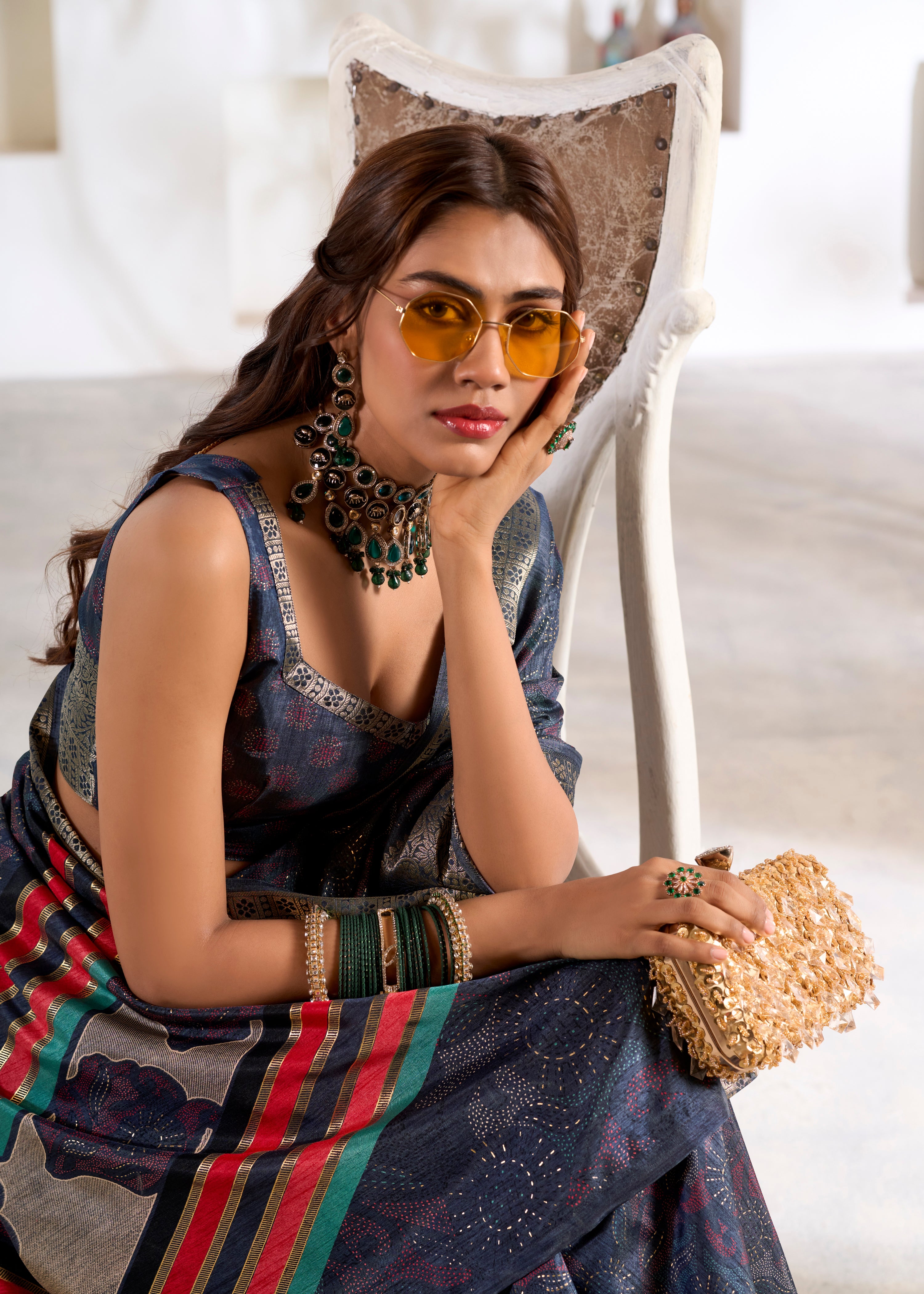 Mehendi Soft Dola Silk Saree With Foil Print With Jacquard Woven Work