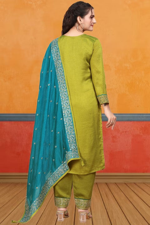 Mehendi Vichirta Silk Kurta Pant With Thread Embroidery Work