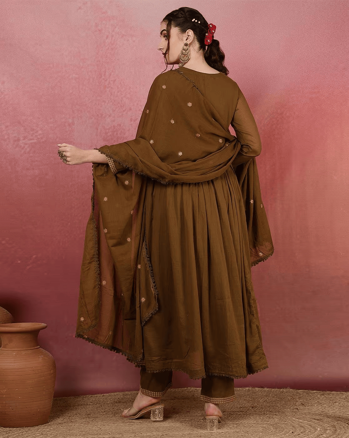 Mehendi Viscose Chanderi Kurta Pant Set With Heavy Thread Embroidery Work
