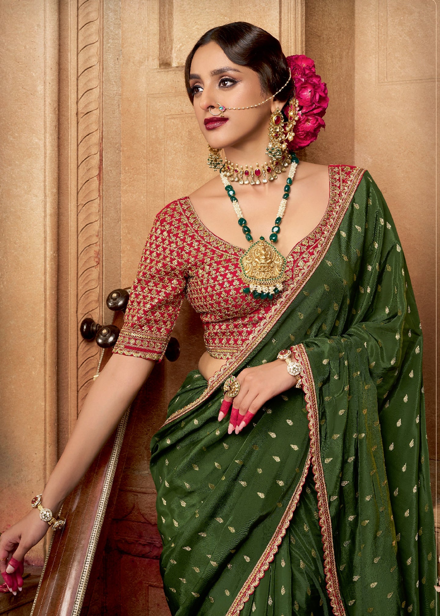 Mehendi Viscose Crepe Saree with Butti Weaving and Embroidered Blouse
