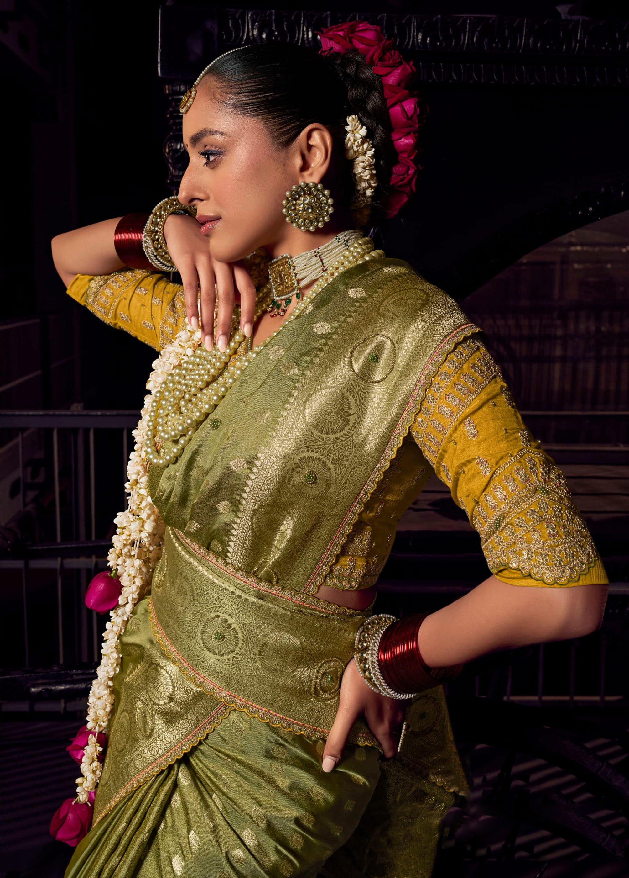 Mehendi Viscose Tissue Saree with Hand Work and Embroidered Blouse