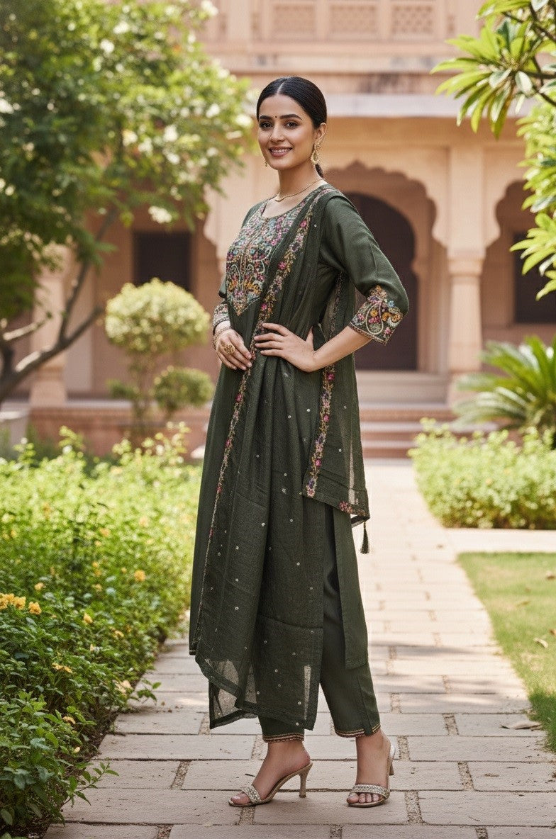 Mehndi Cotton Silk Designer Suit Set With Handcrafted Embroidery