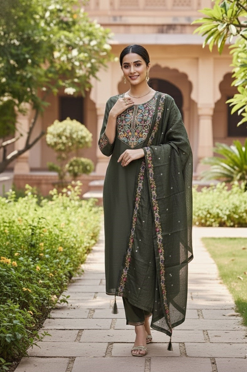 Mehndi Cotton Silk Designer Suit Set With Handcrafted Embroidery