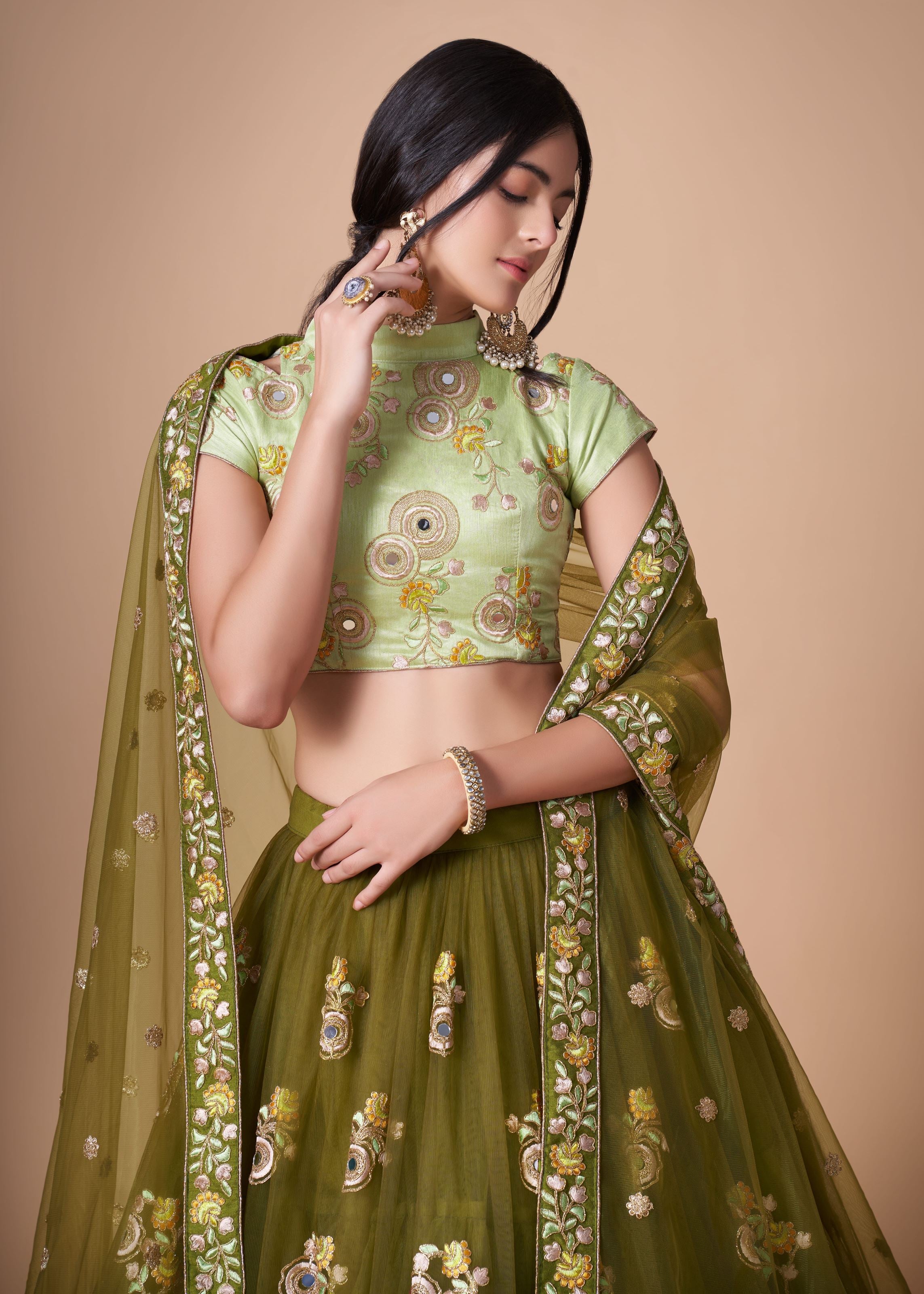 Mehndi green Lehenga Choli With Thread, Zari, Dori And Sequins Embroidery With Mirror Work