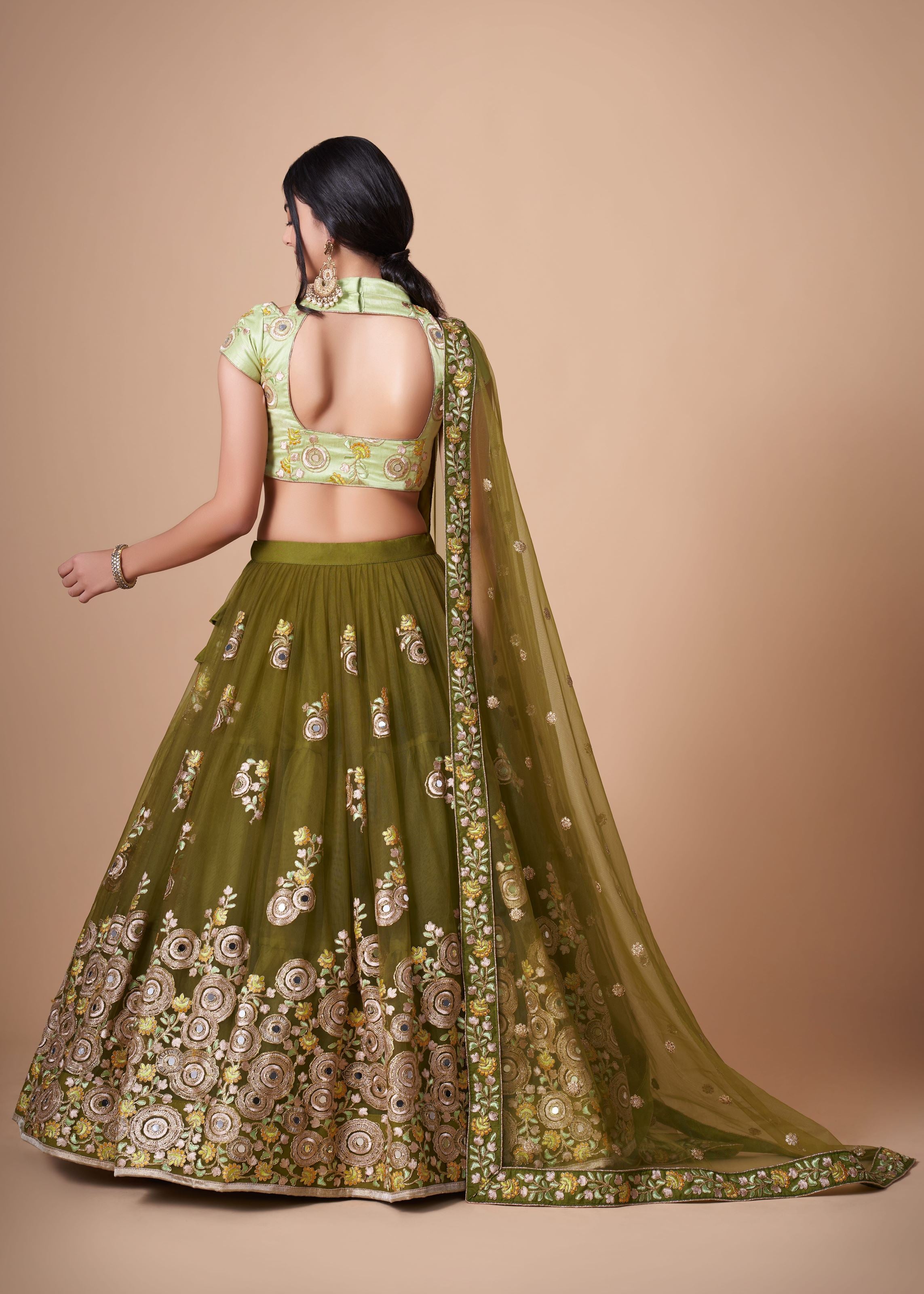 Mehndi green Lehenga Choli With Thread, Zari, Dori And Sequins Embroidery With Mirror Work