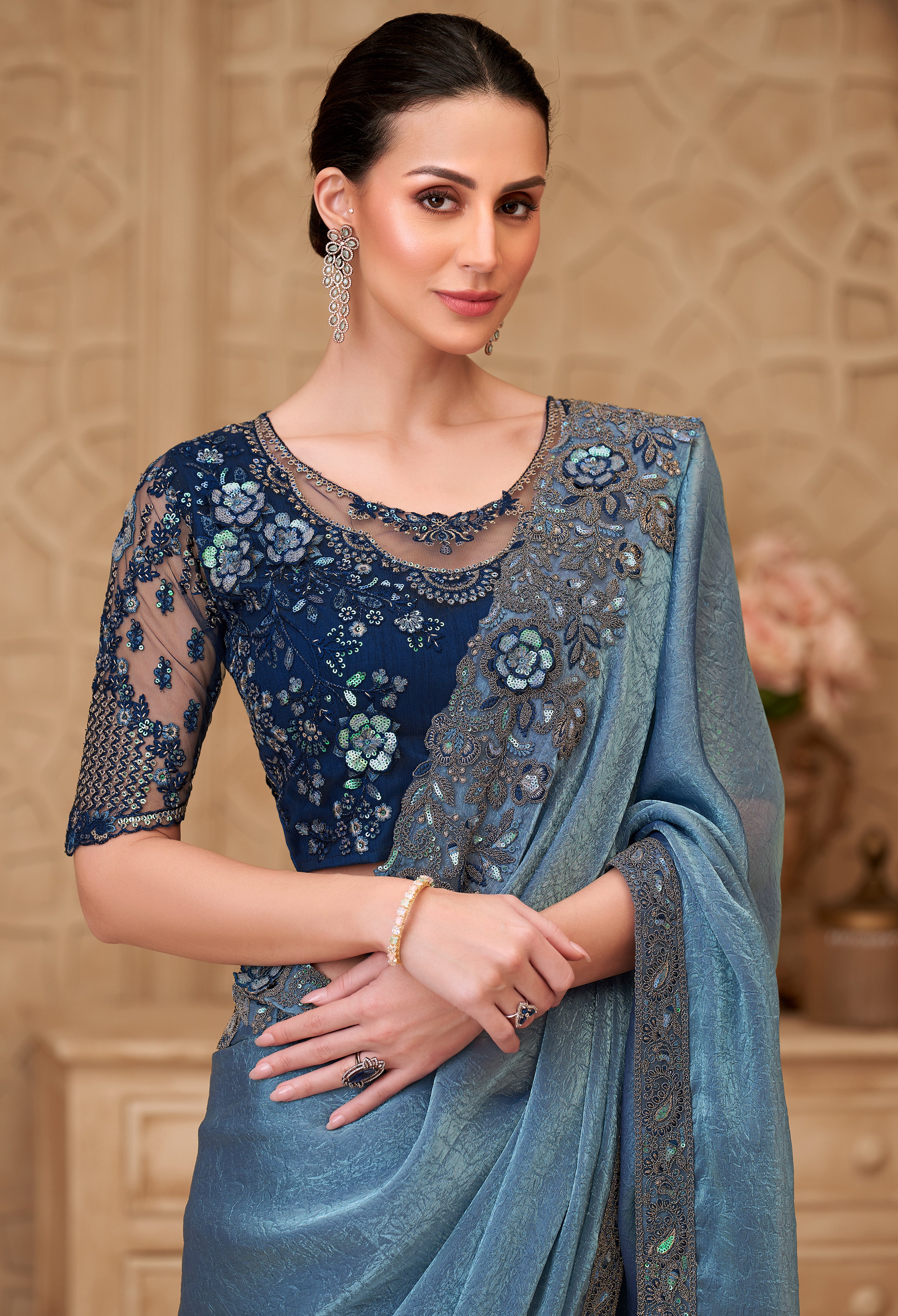 Metal Blue Saree With Heavy Thread Embroidery Sequins Border Work With Embroidery Blouse