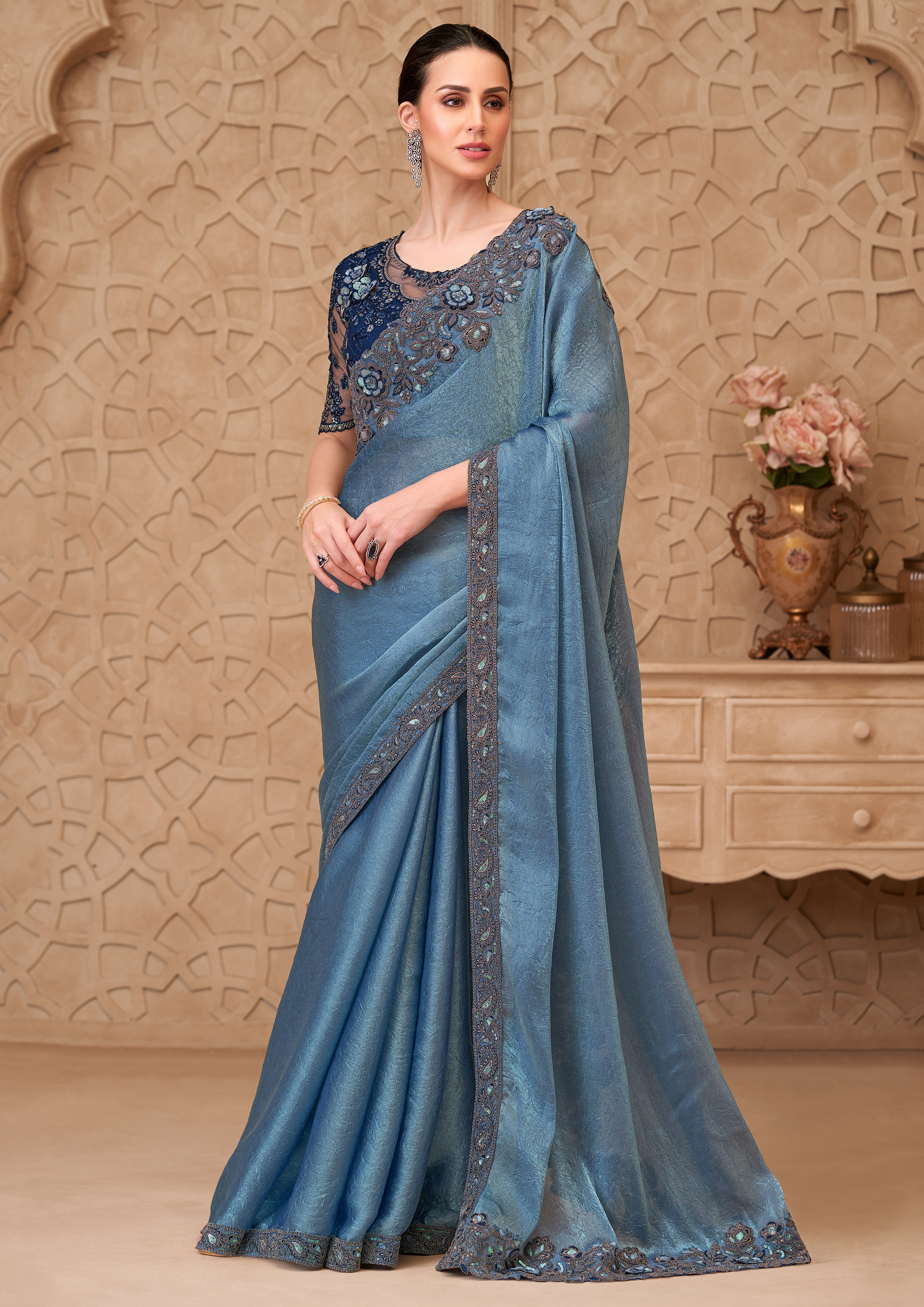 Metal Blue Saree With Heavy Thread Embroidery Sequins Border Work With Embroidery Blouse