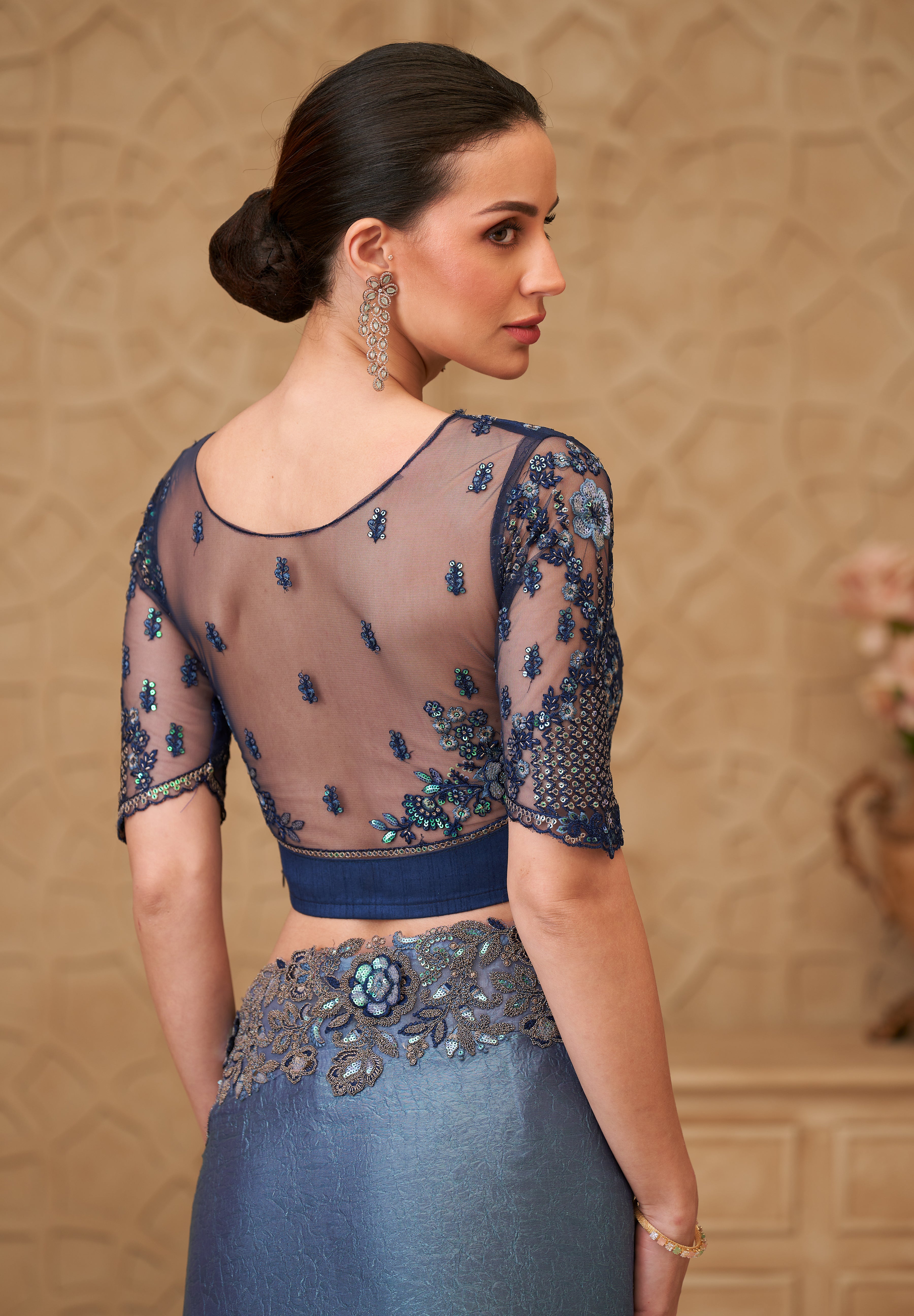 Metal Blue Saree With Heavy Thread Embroidery Sequins Border Work With Embroidery Blouse
