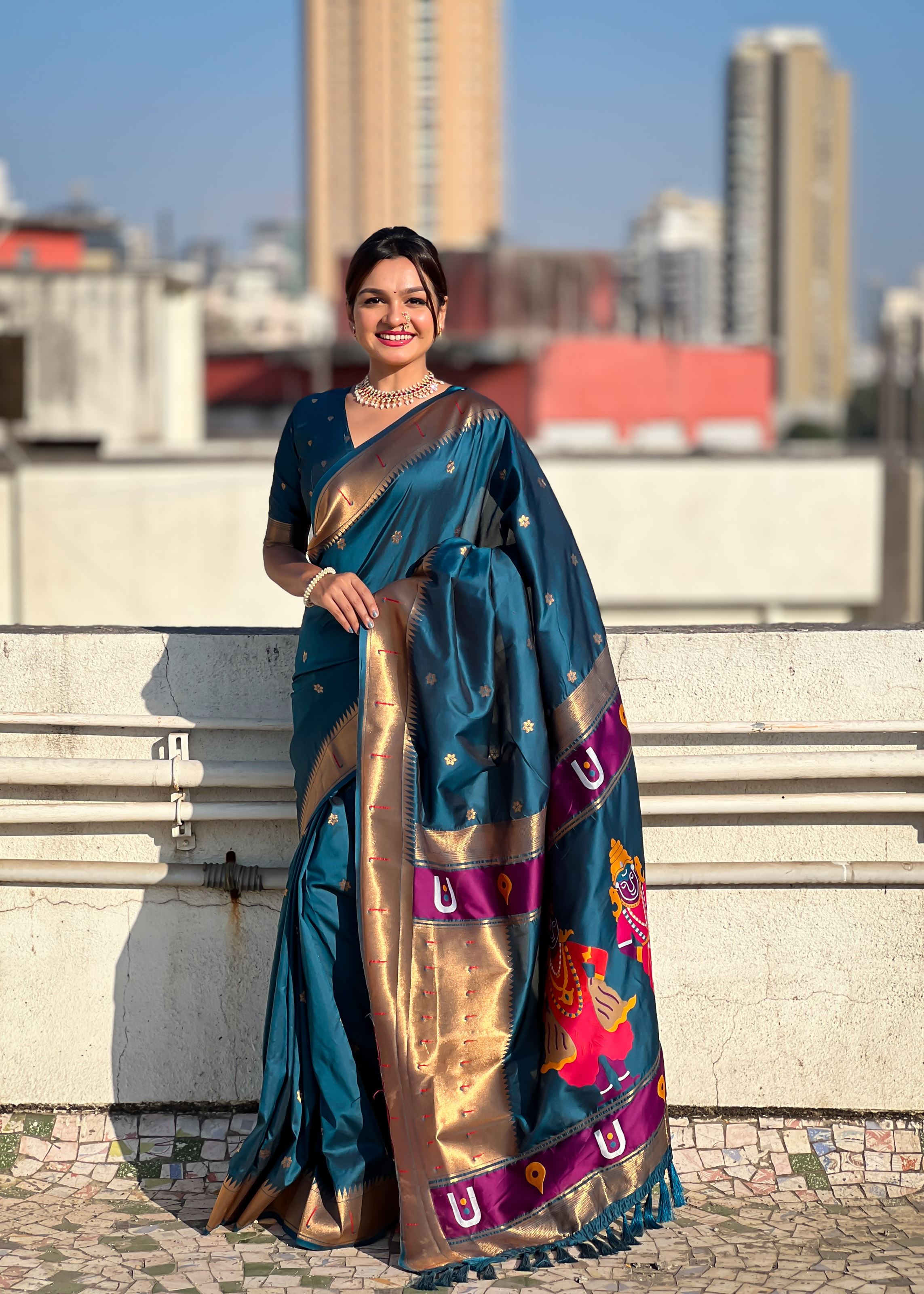 Metallic Silk Blend Vitthala God Paithani Silk Saree