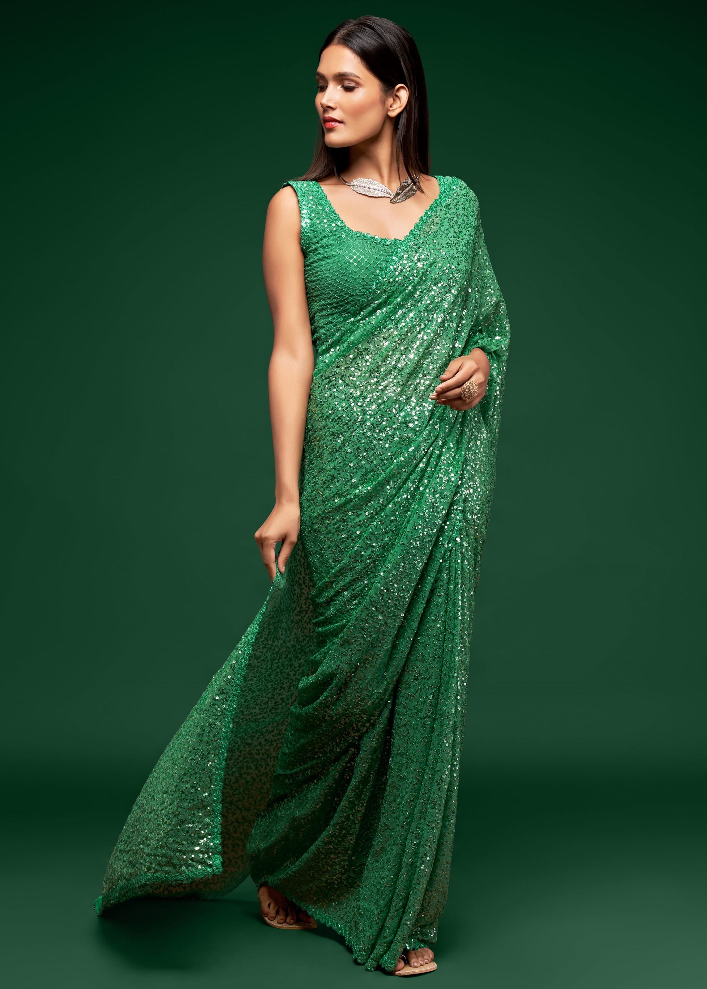 Mint Green Georgette Saree with Thread Embroidery and Sequins Work