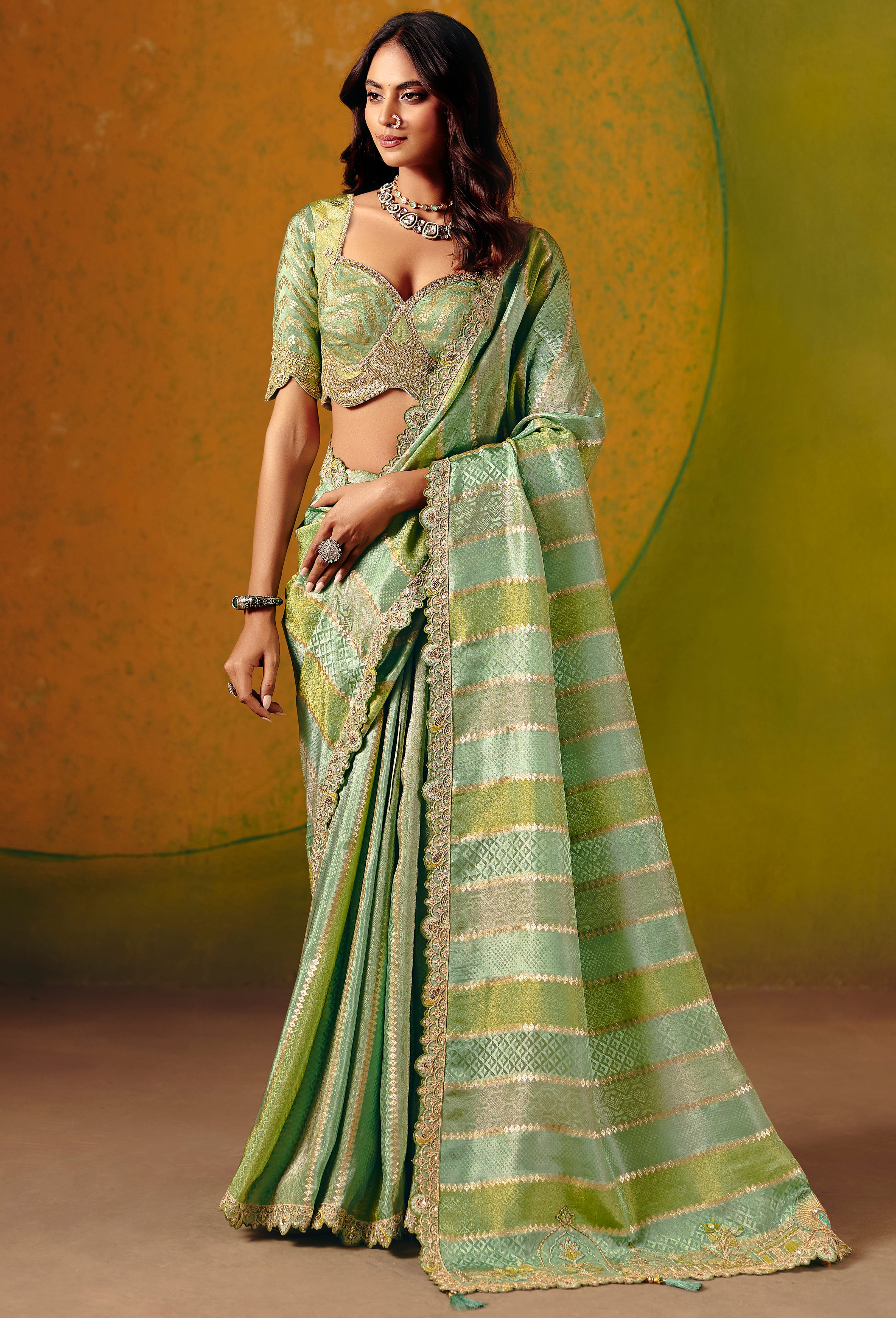 Mint Green Saree With Jacquard Woven With Fancy Work Border