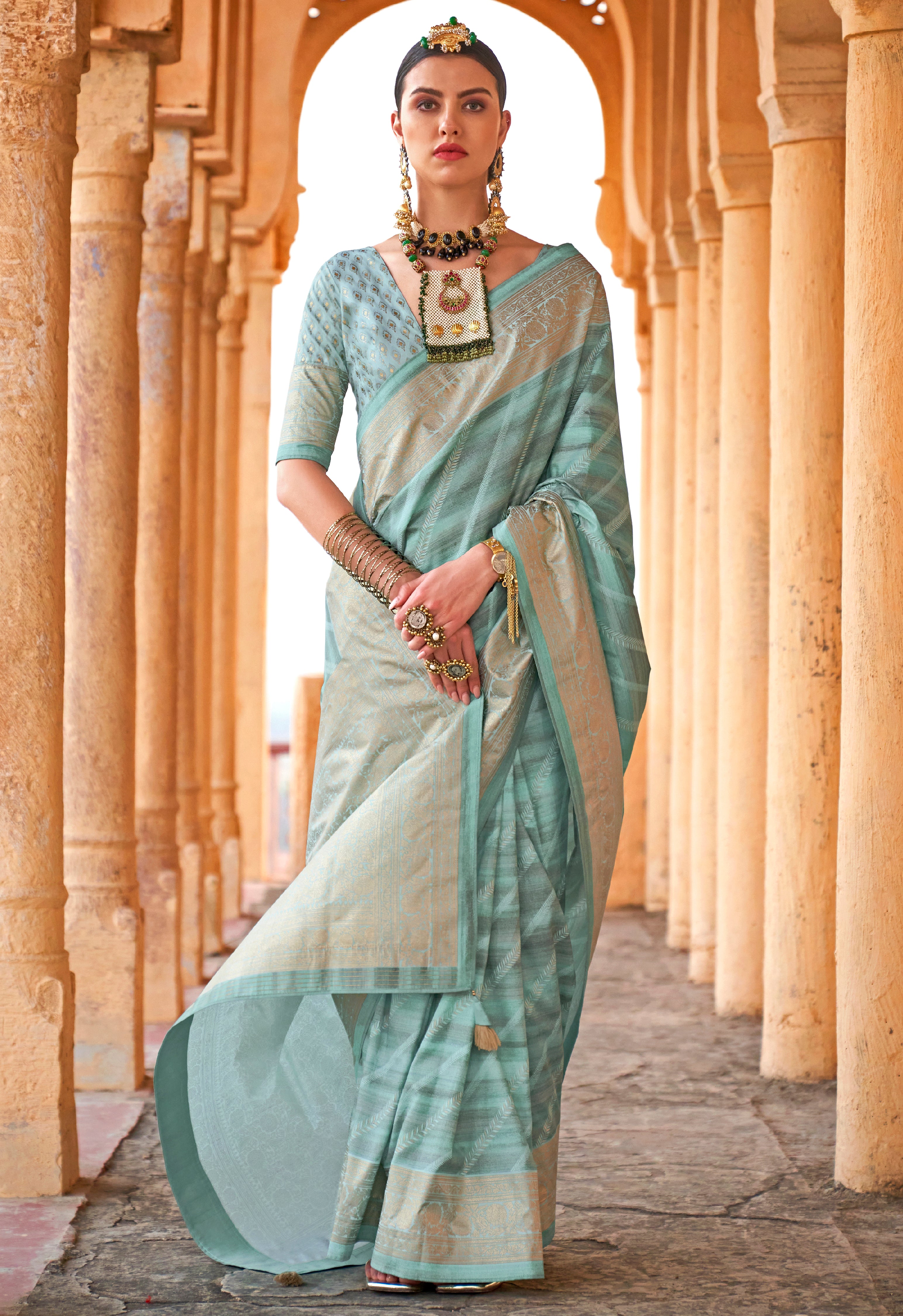 Mint Green Saree With Jacquard Woven Work