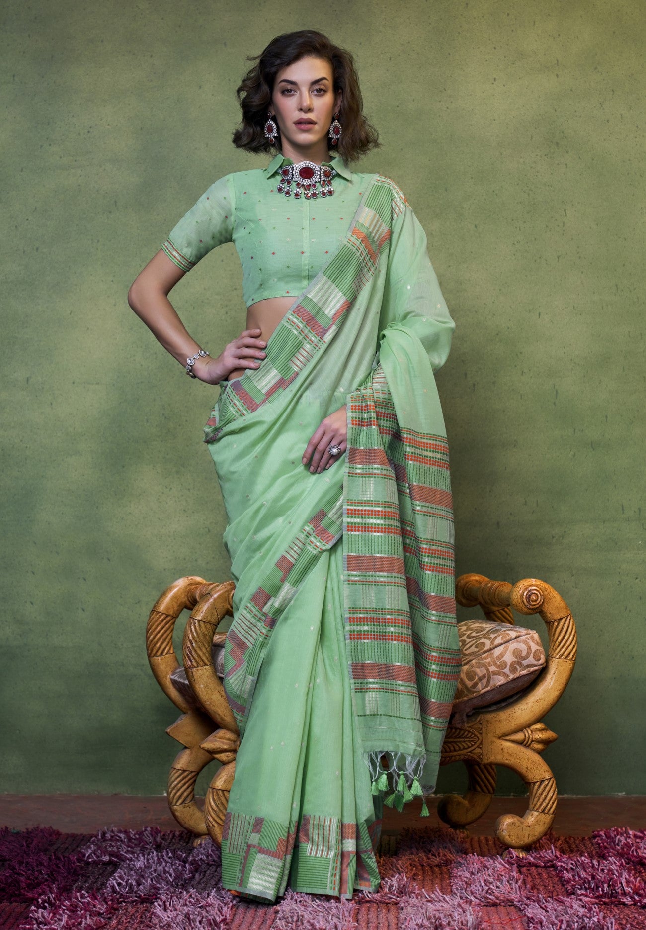 Mint Green Spun Cotton Saree With Jacquard Woven Work
