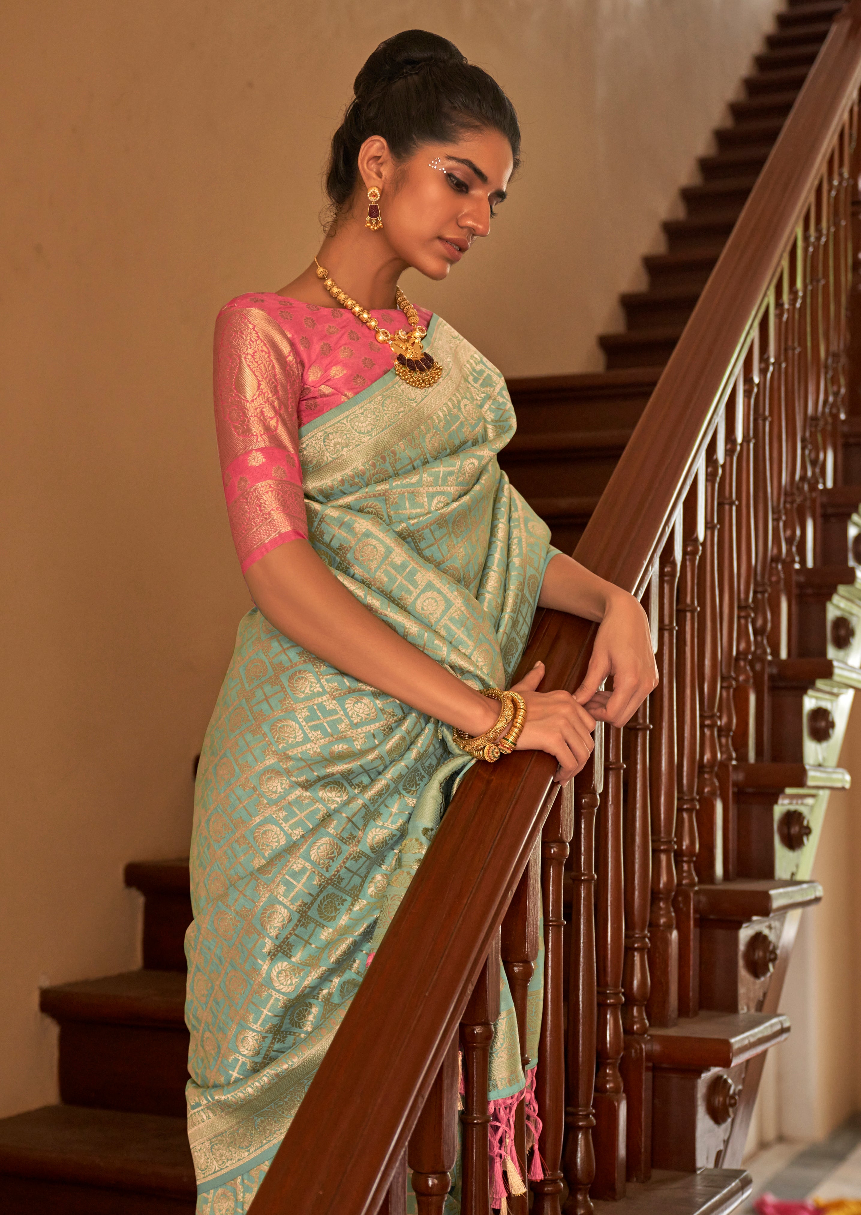 Mint Nylon Saree With Jacquard Woven Work