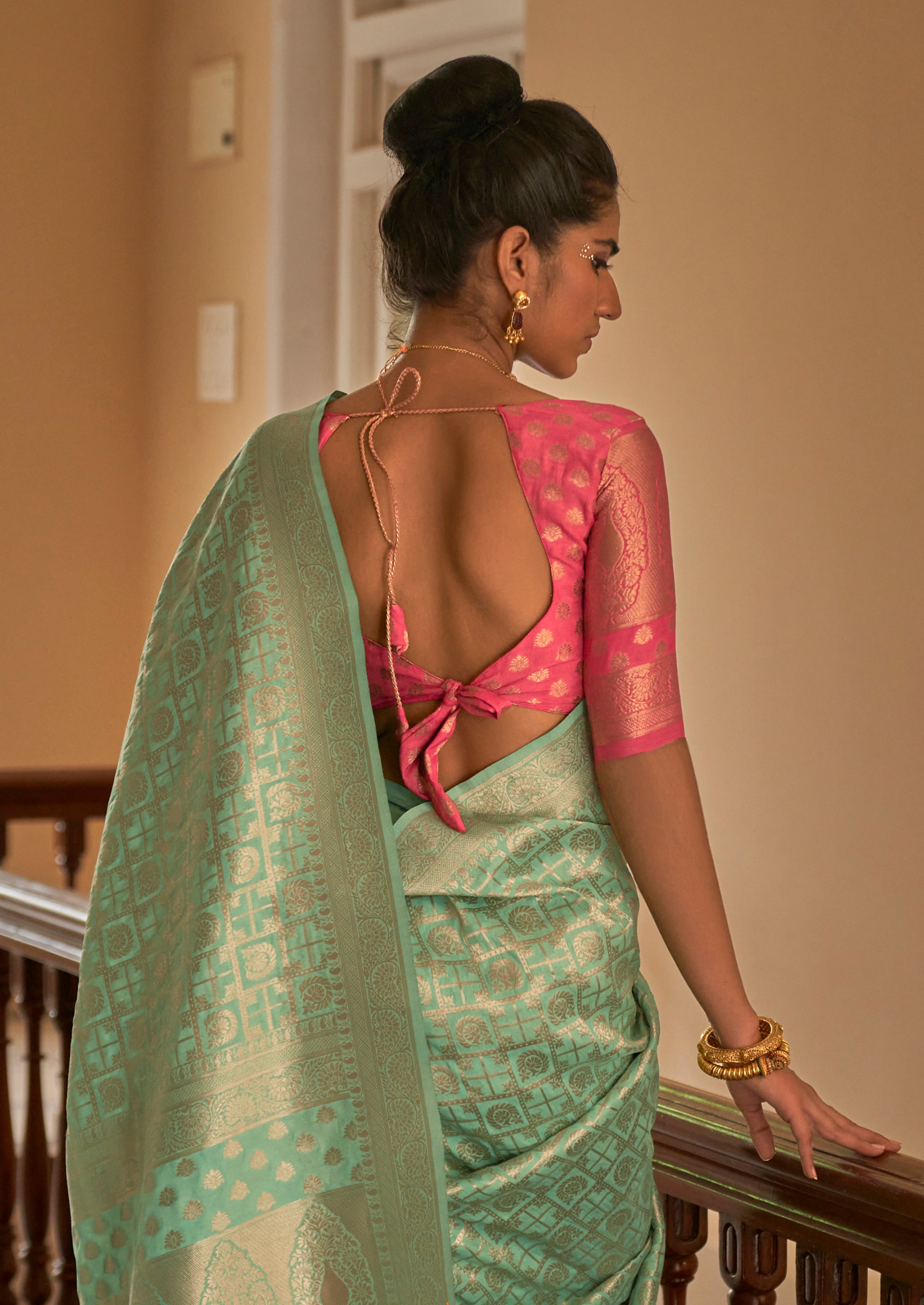 Mint Nylon Saree With Jacquard Woven Work