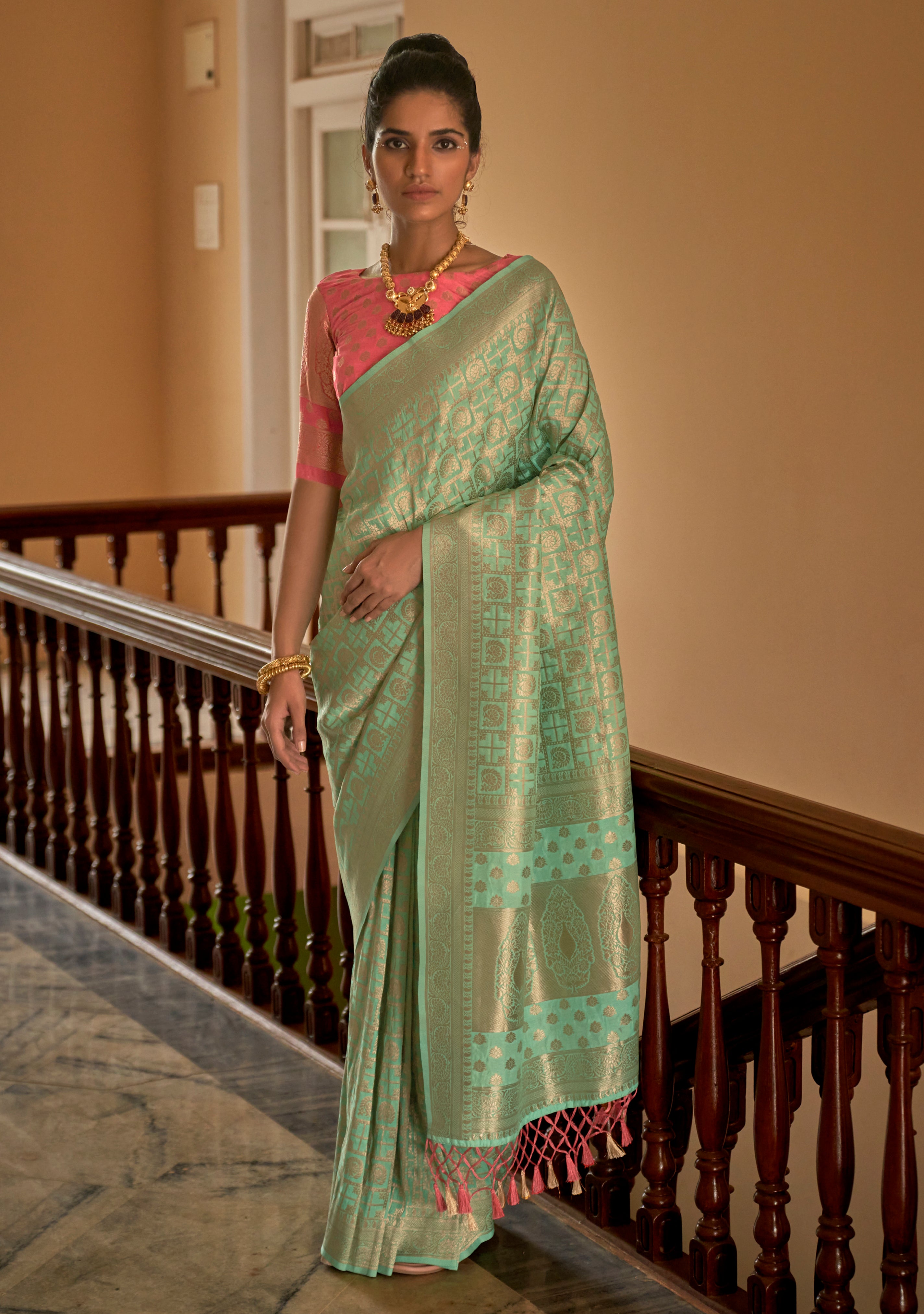 Mint Nylon Saree With Jacquard Woven Work