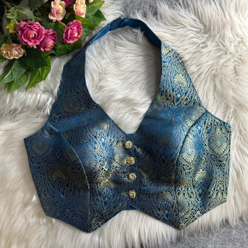 More Peach Banarasi Jacquard Silk Halter Neck Blouse with Embroidery & Sequins