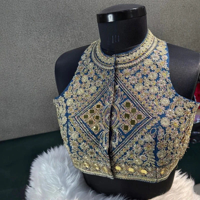 More Peach Designer Roman Silk Halter Neck Blouse with Real Mirror Work
