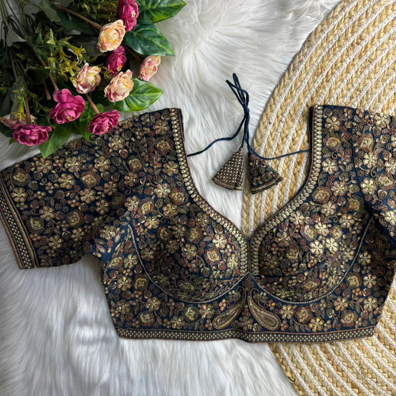 More Peach Sabyasachi Inspired Heavy Copper Work Bridal Blouse in Roman Silk with Embroidery & Sequins