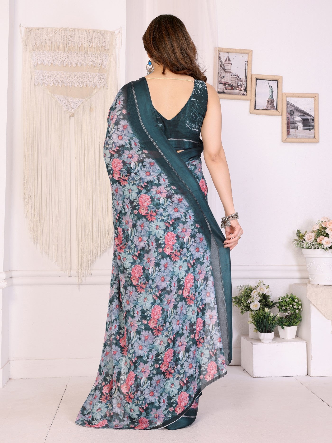 Morpich Bright Moss Satin Patta Saree With Printed Design