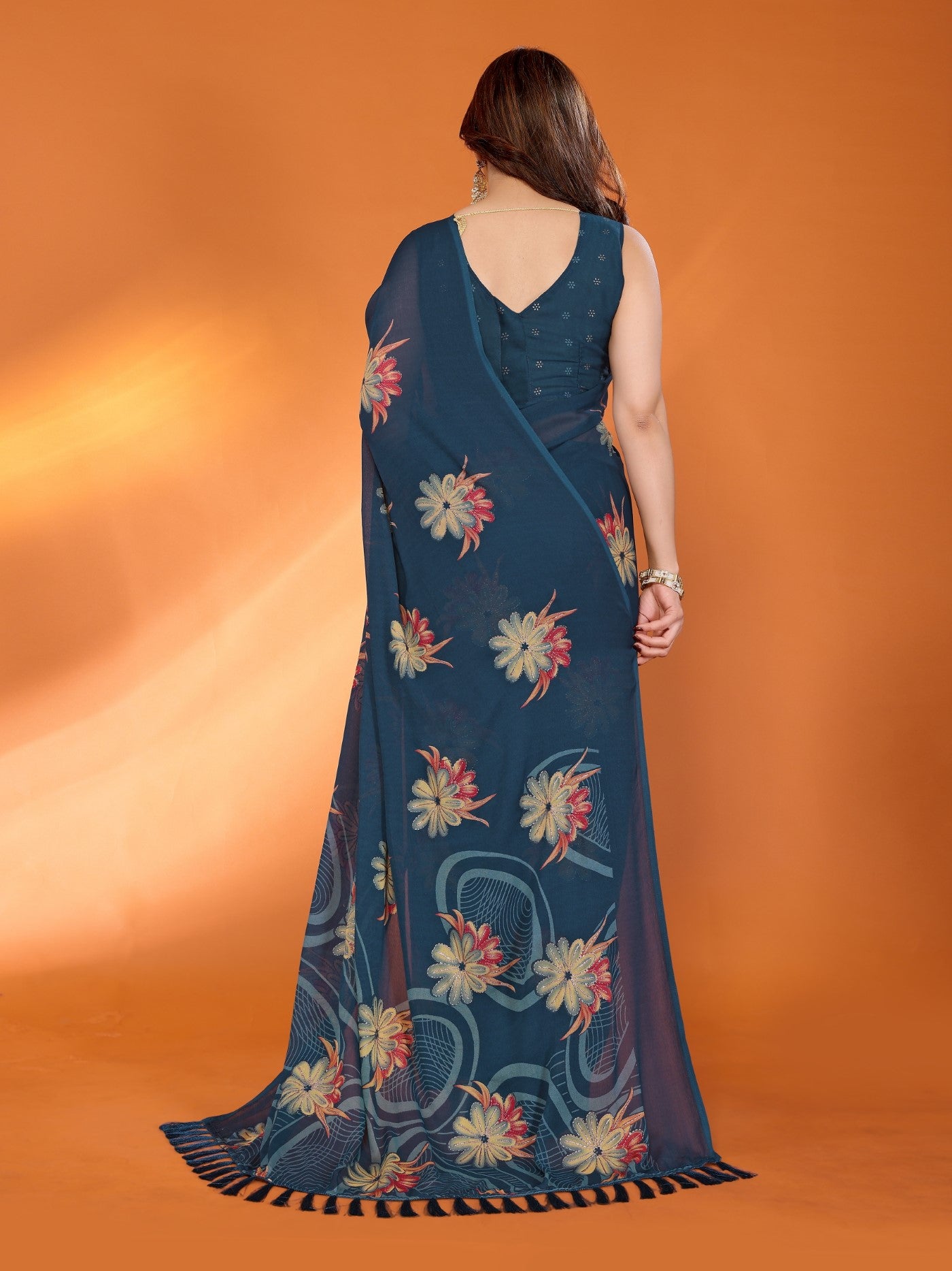 Morpich Bright Moss Satin Patta Saree With Printed Design