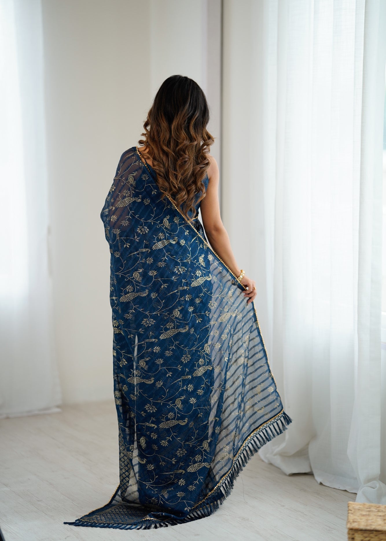 Morpich Georgette Patta Saree With Foil Work And Lace Border