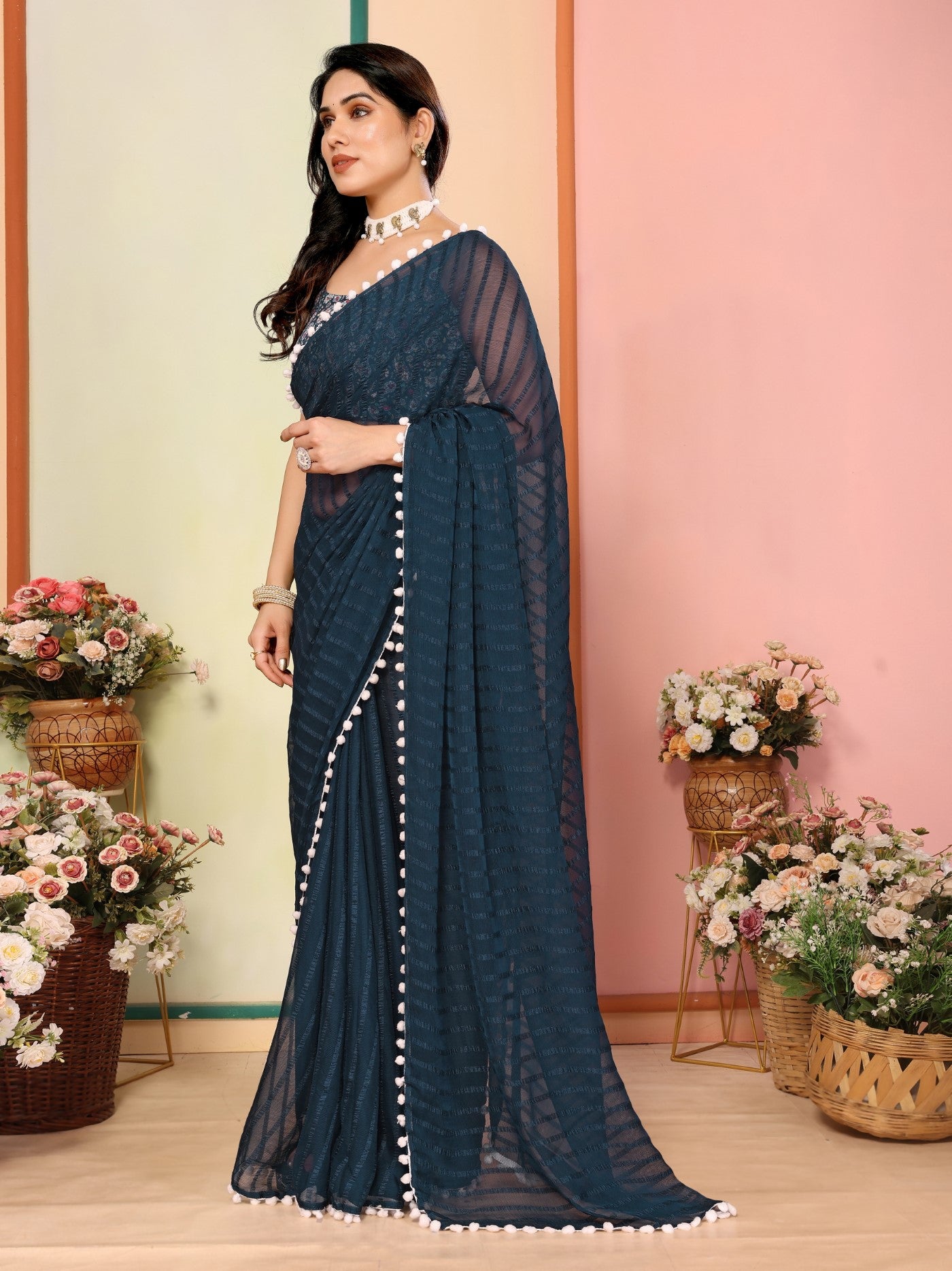 Morpich Georgette Patta Saree With Plain Saree With Digital Print Blouse