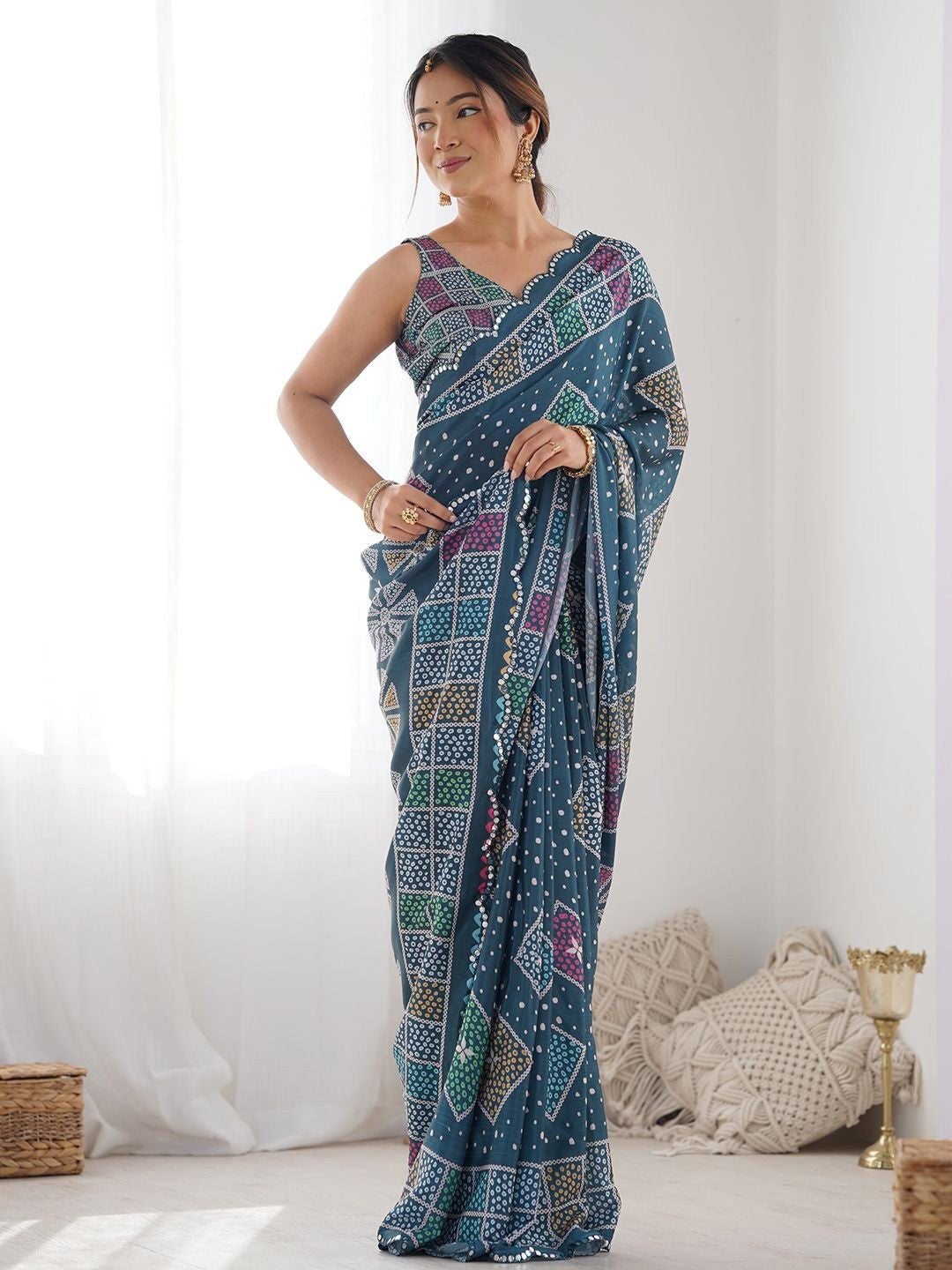 Morpich Georgette Saree With Digital Print And Mirror Work
