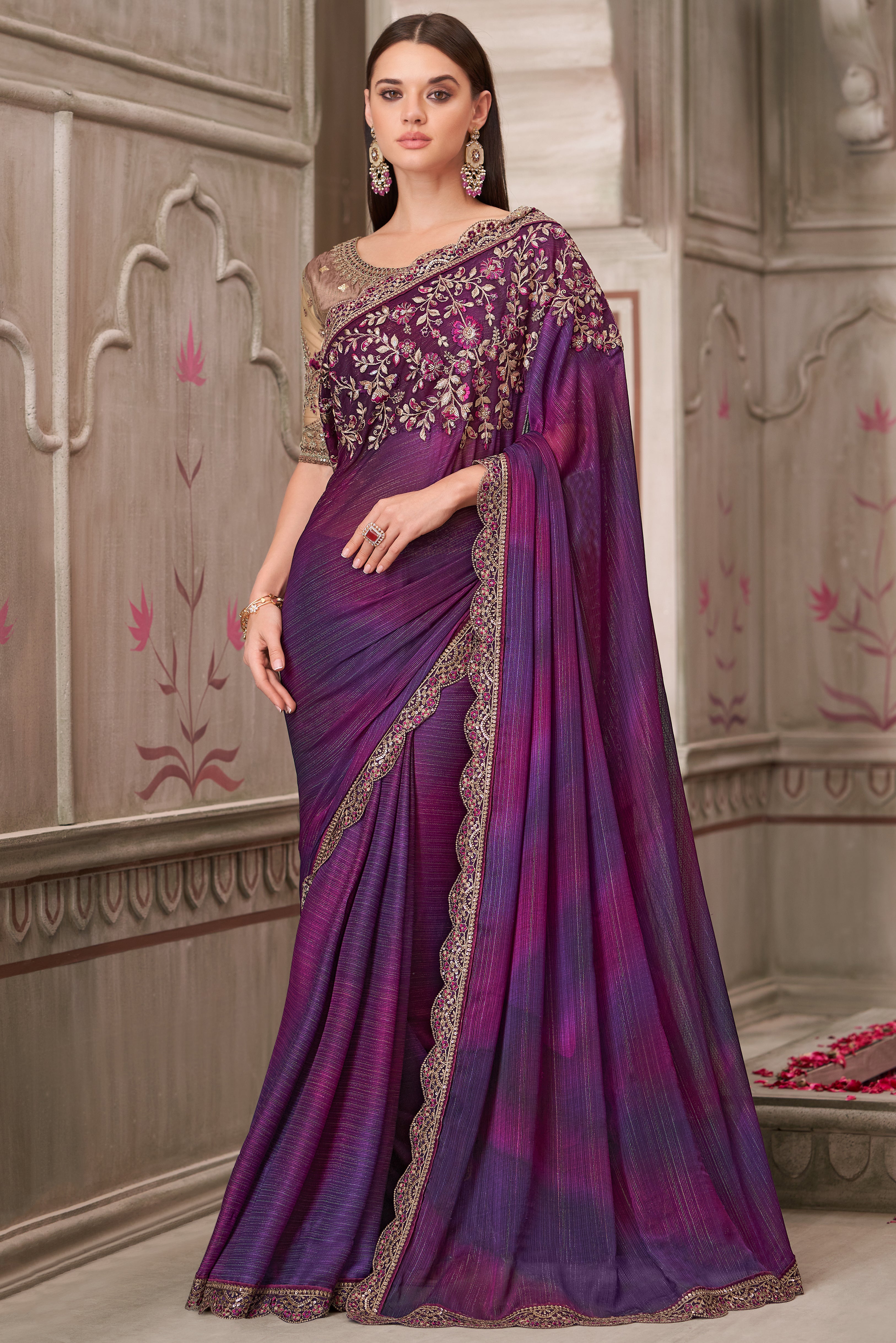Mulberry Saree With Heavy Thread Embroidery Sequins Border Work With Embroidery Blouse