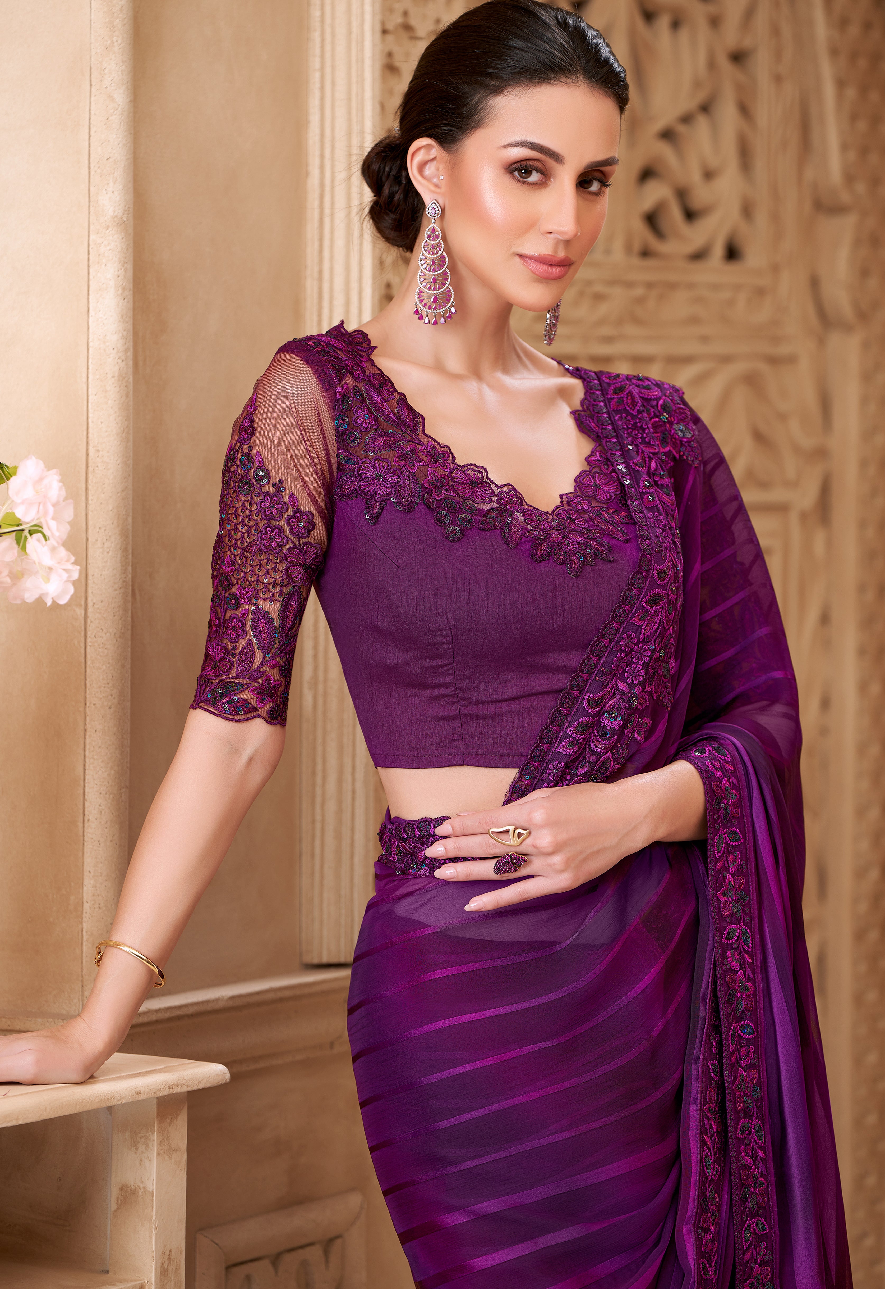 Mulberry Saree With Heavy Thread Embroidery Sequins Border Work With Embroidery Blouse
