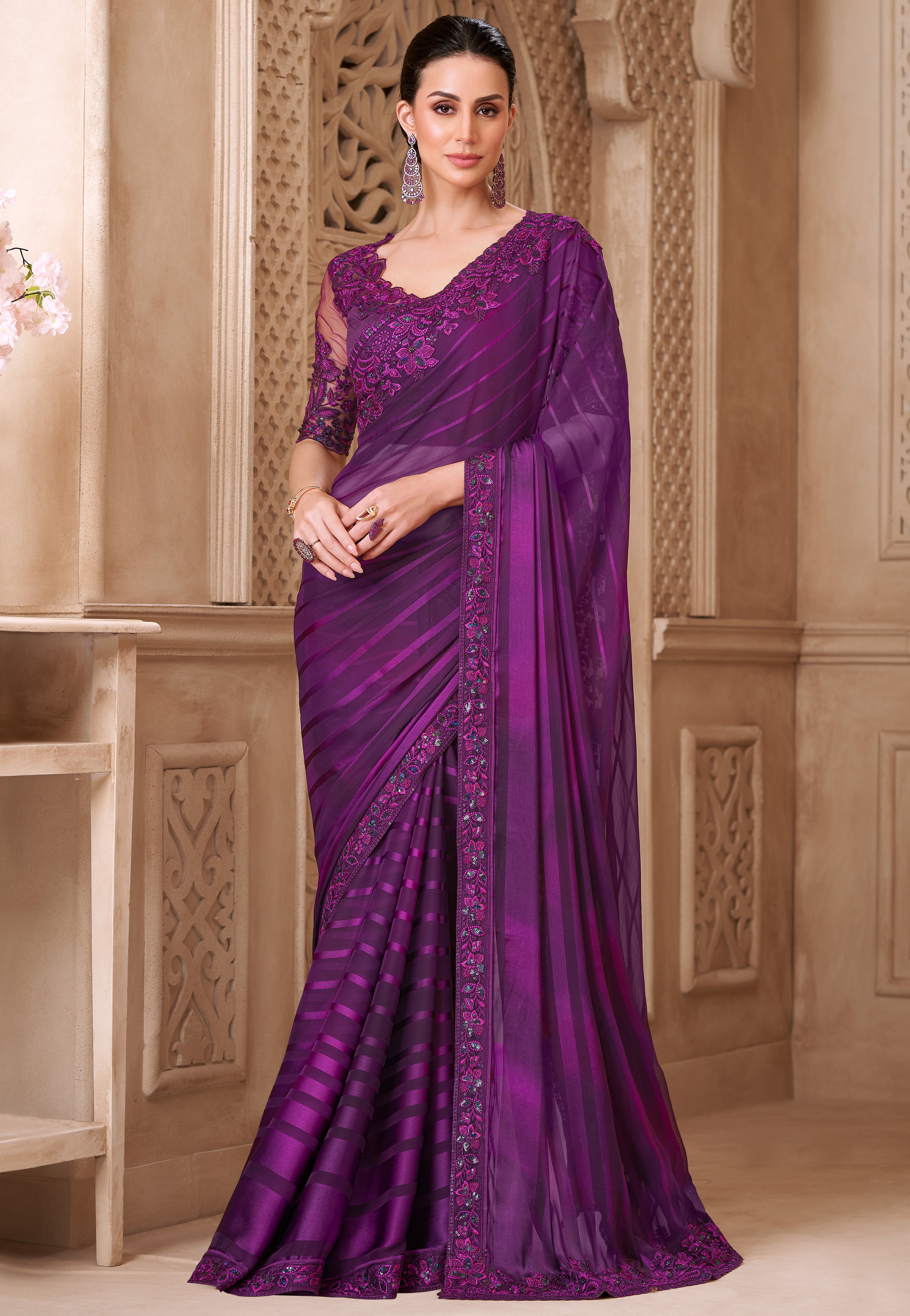 Mulberry Saree With Heavy Thread Embroidery Sequins Border Work With Embroidery Blouse
