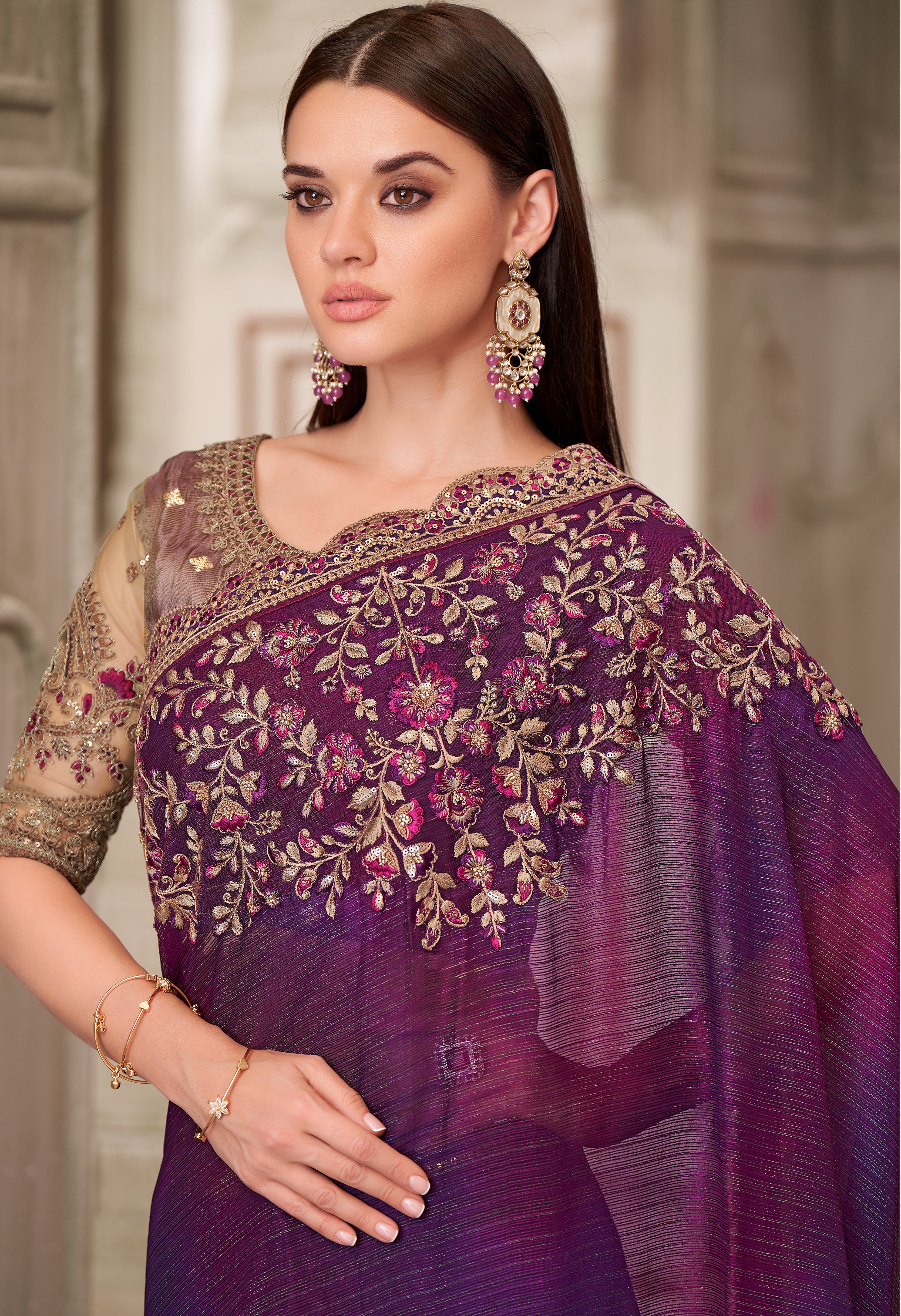 Mulberry Saree With Heavy Thread Embroidery Sequins Border Work With Embroidery Blouse
