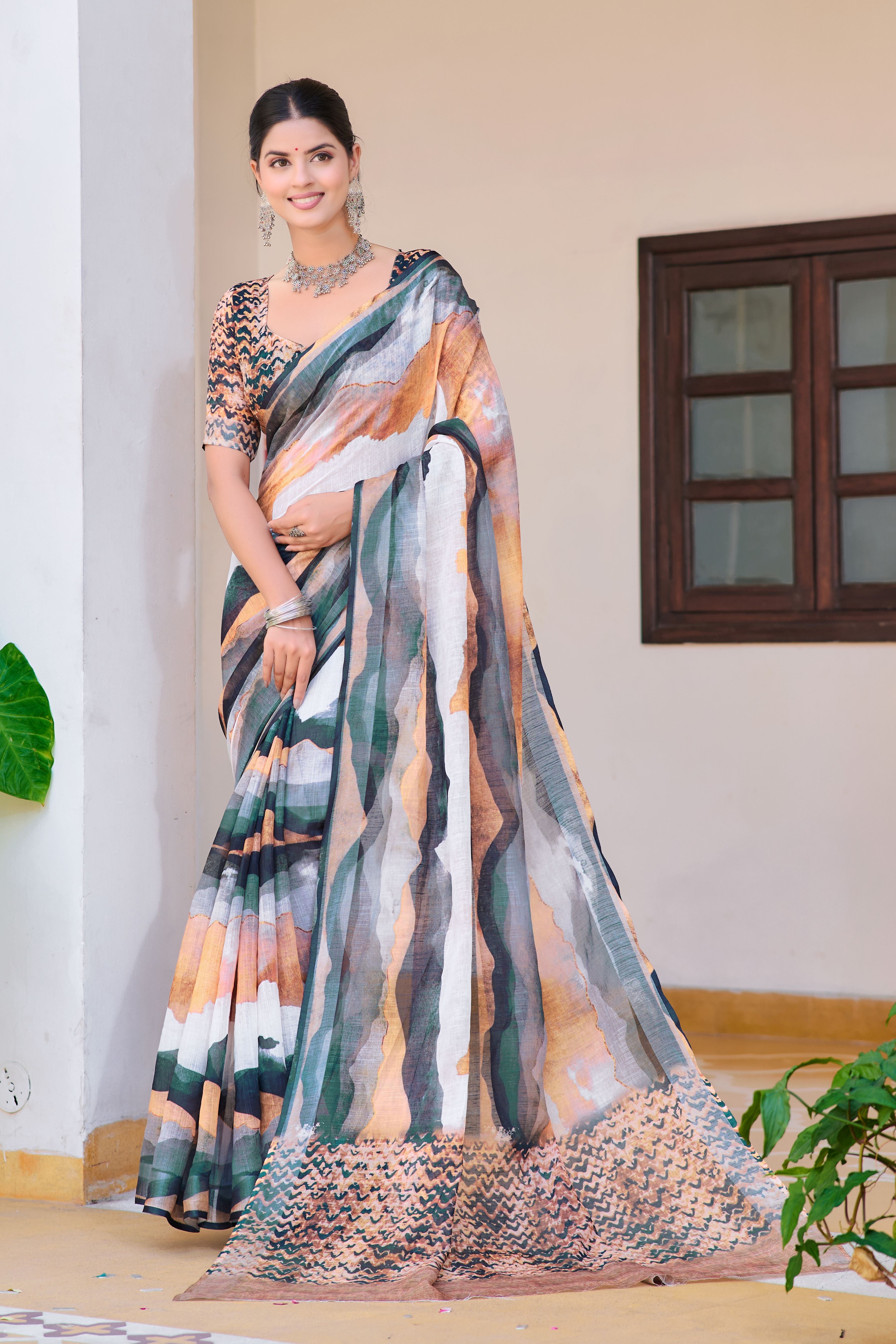 Multi Beautiful Linen Cotton Designer Festive Wear Saree