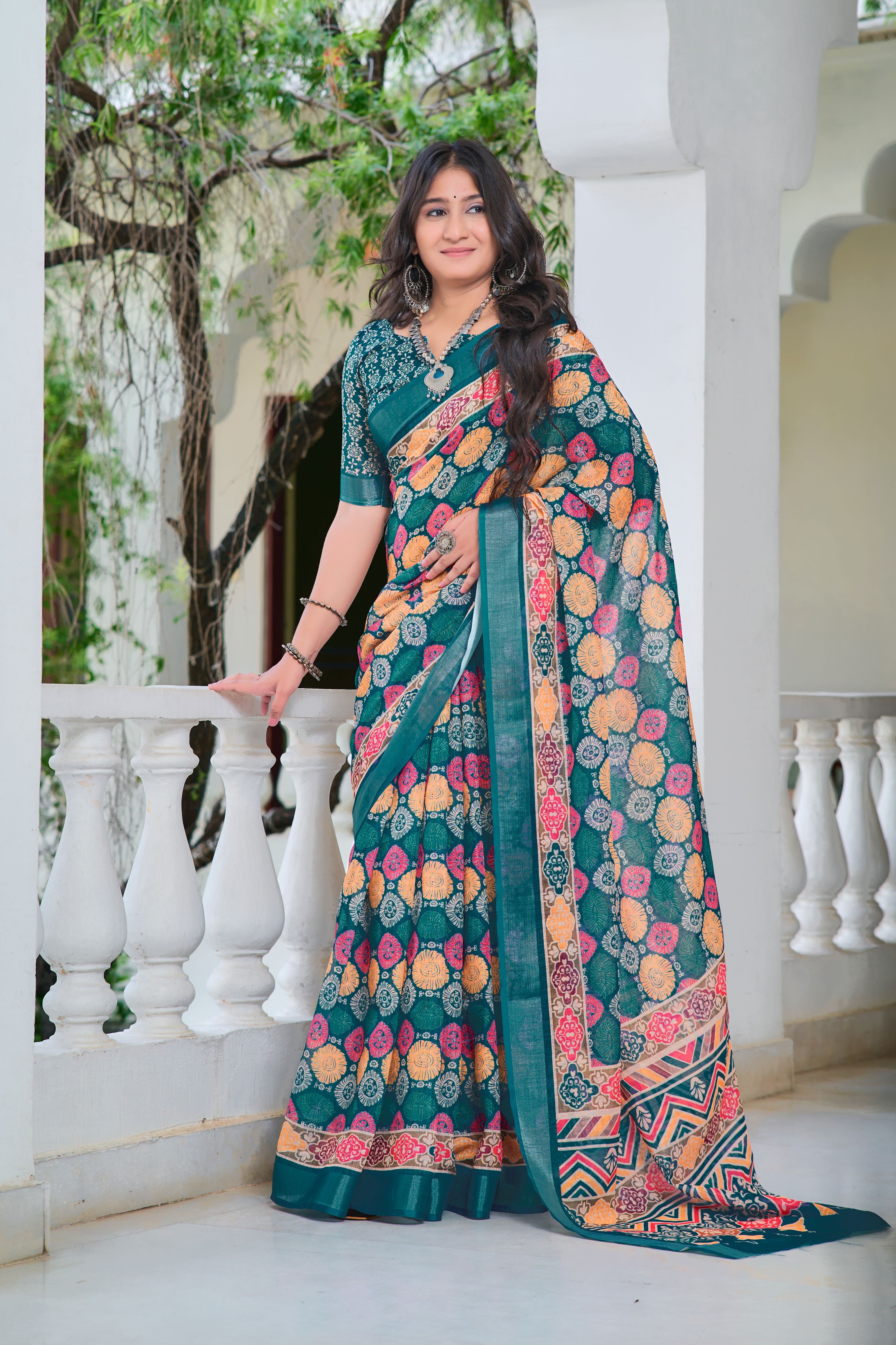 Multi Beautiful Linen Cotton Designer Festive Wear Saree