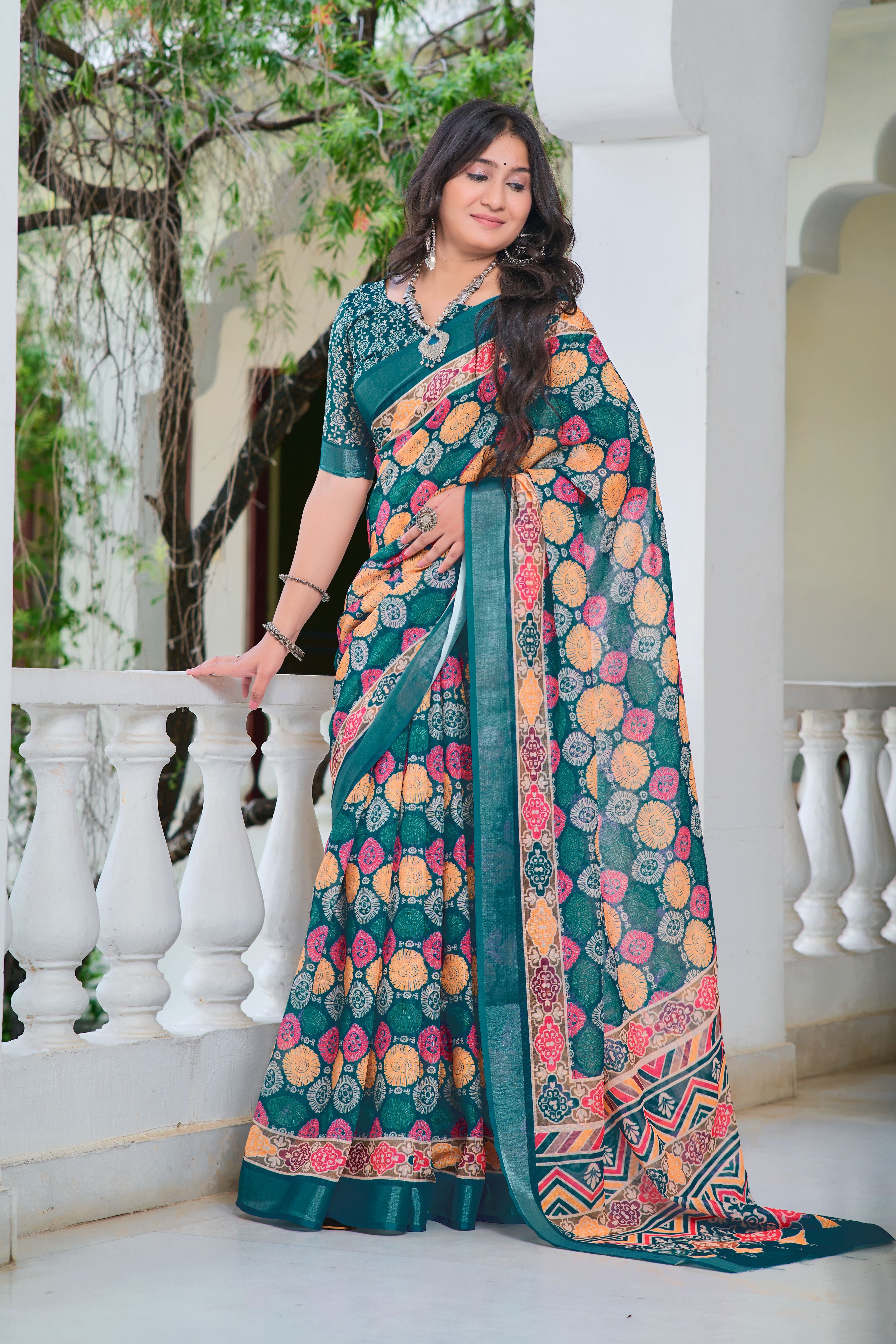 Multi Beautiful Linen Cotton Designer Festive Wear Saree