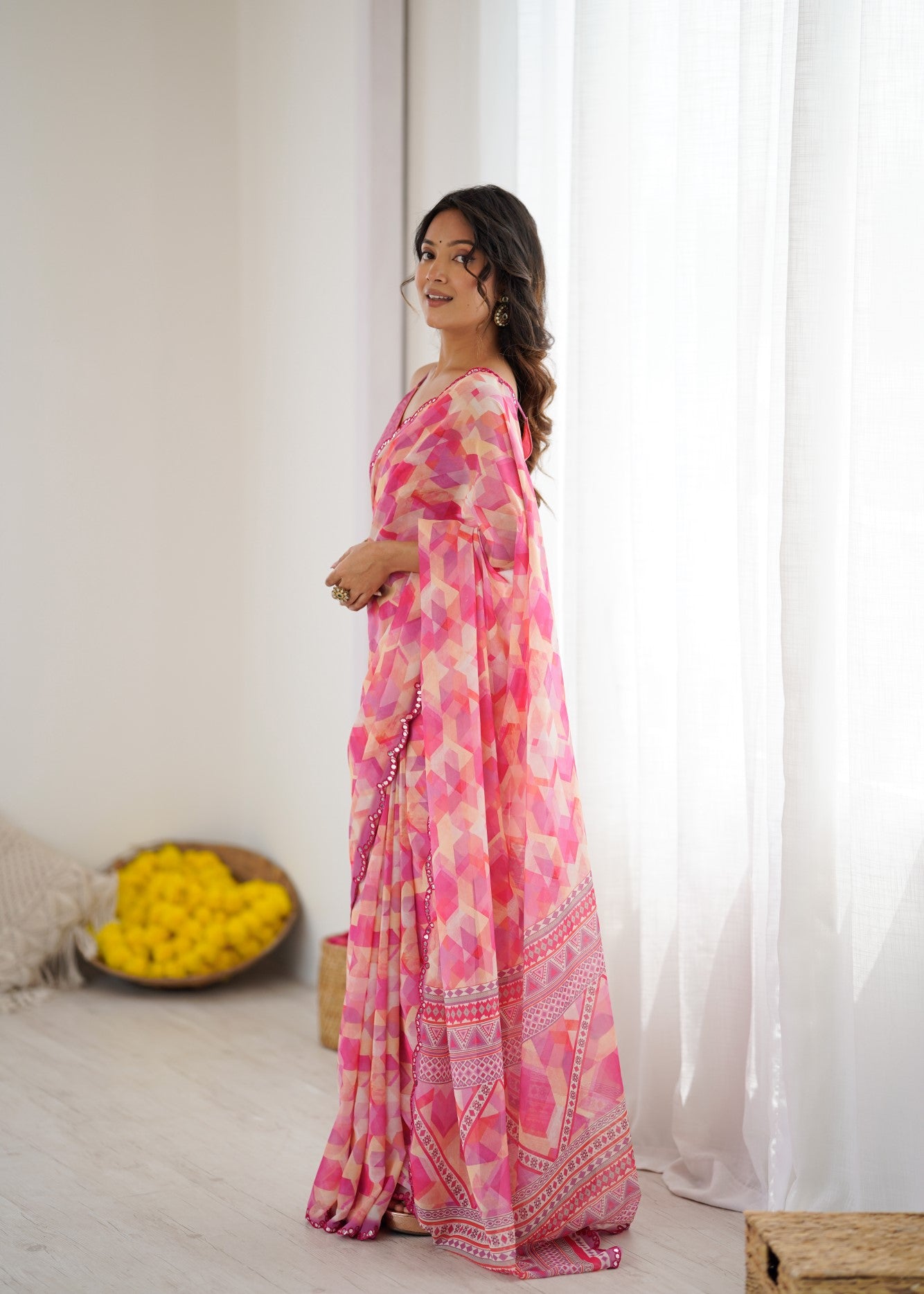 Multi Color Georgette Saree With Digital Print And Mirror Work