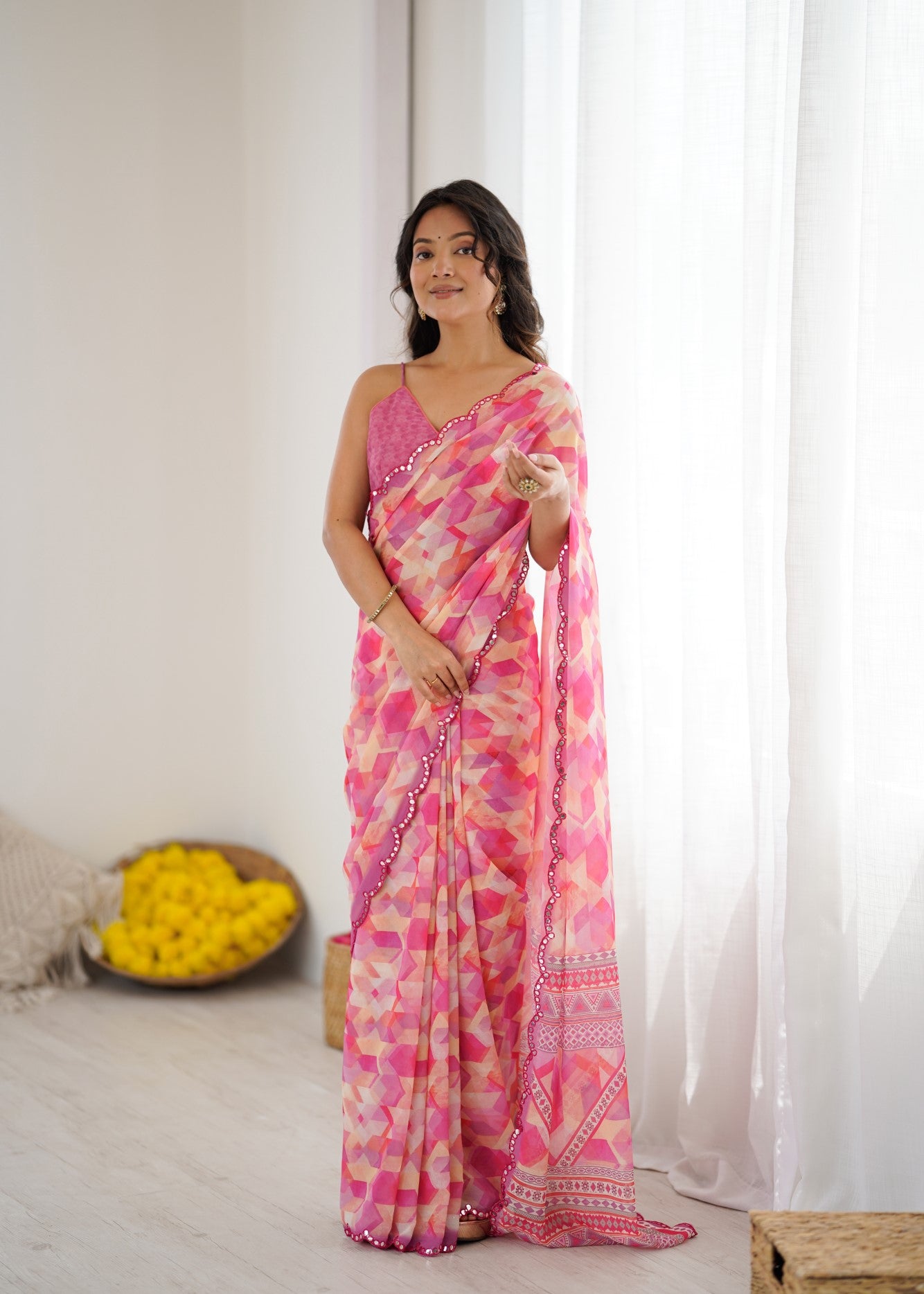 Multi Color Georgette Saree With Digital Print And Mirror Work