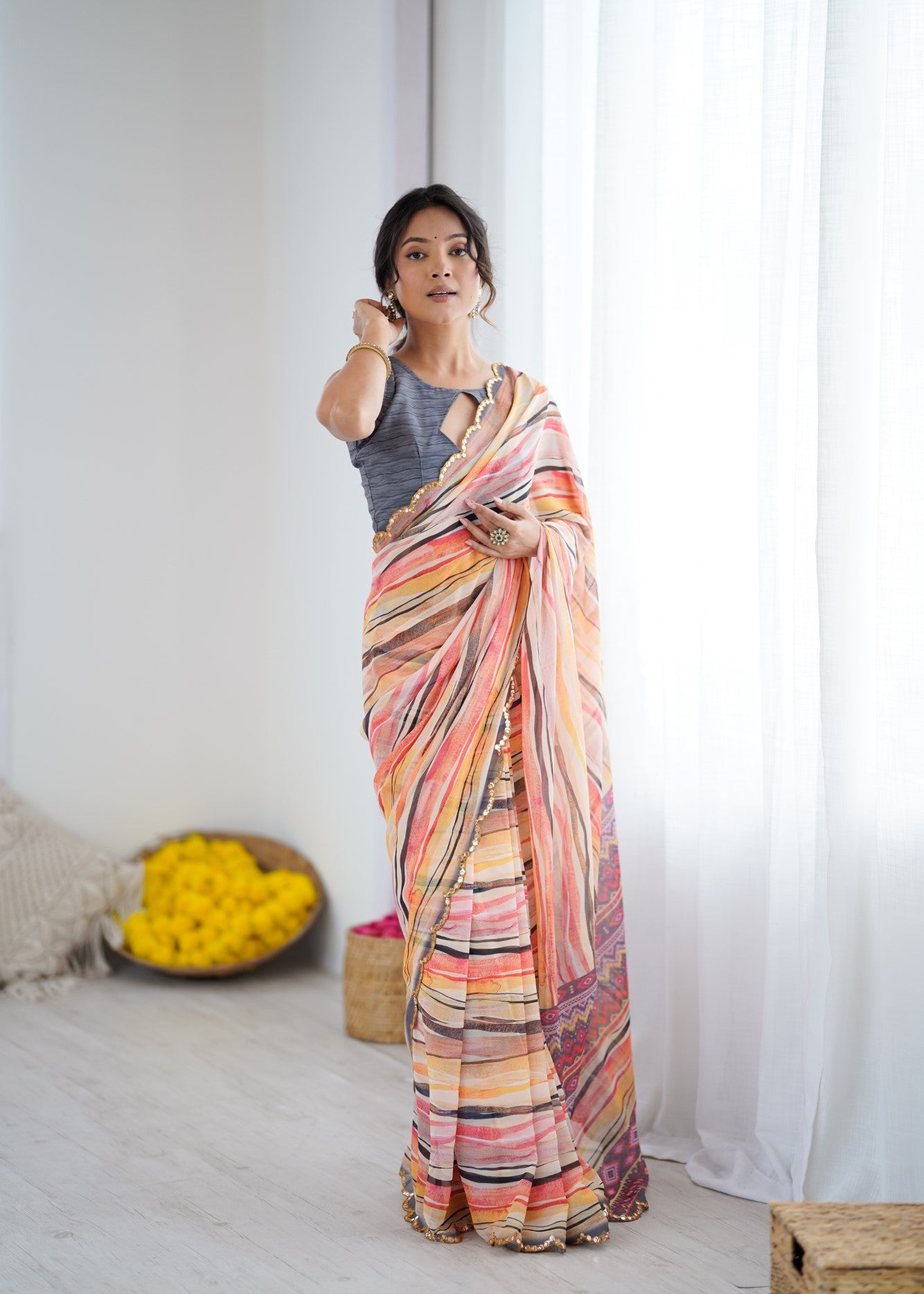 Multi Color Georgette Saree With Digital Print And Mirror Work