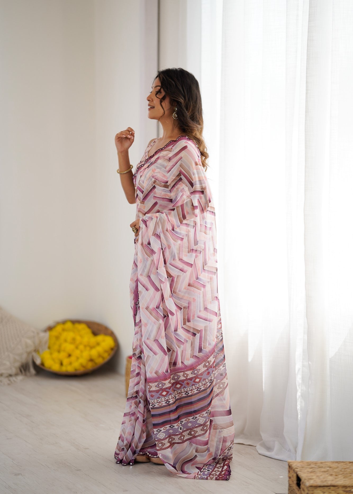 Multi Color Georgette Saree With Digital Print And Mirror Work